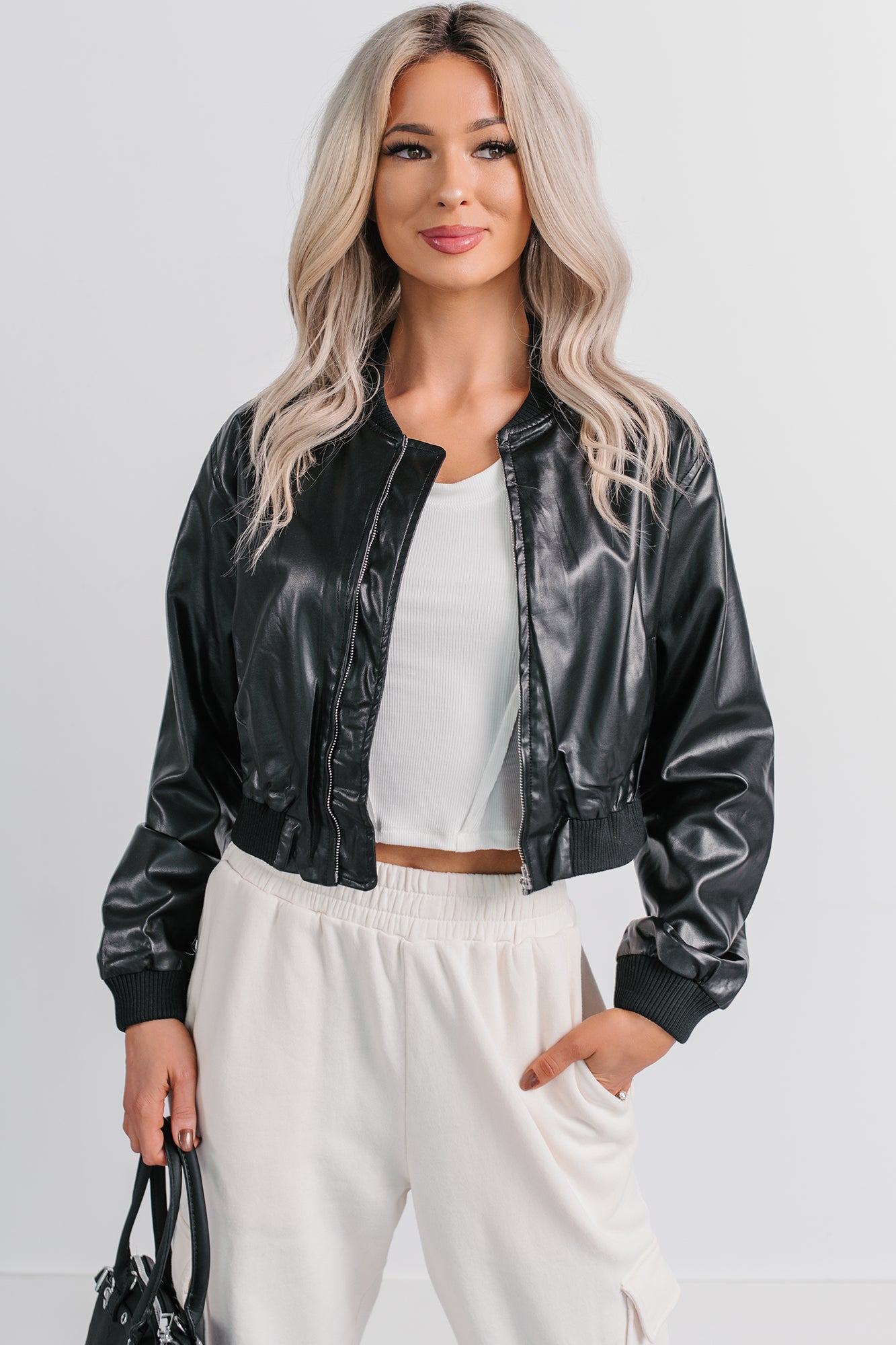 Crown Moment Faux Leather Crop Jacket (Black)