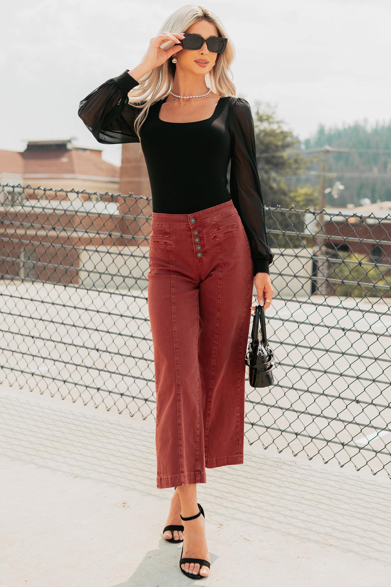Frances Wide Leg Cropped Mica Denim Jeans (Dark Red)