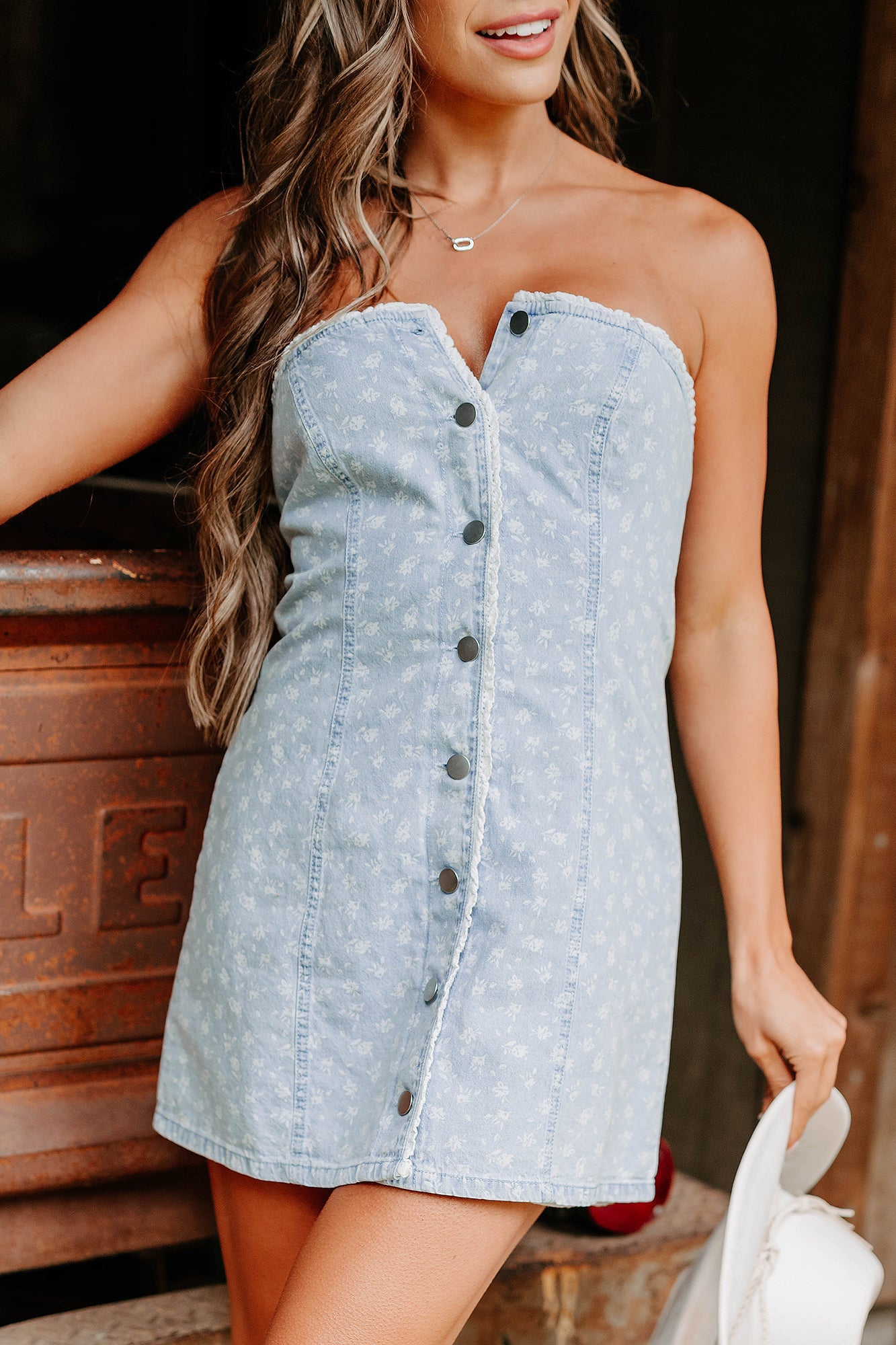 Now You See Me Floral Denim Mini Dress (Denim/White)