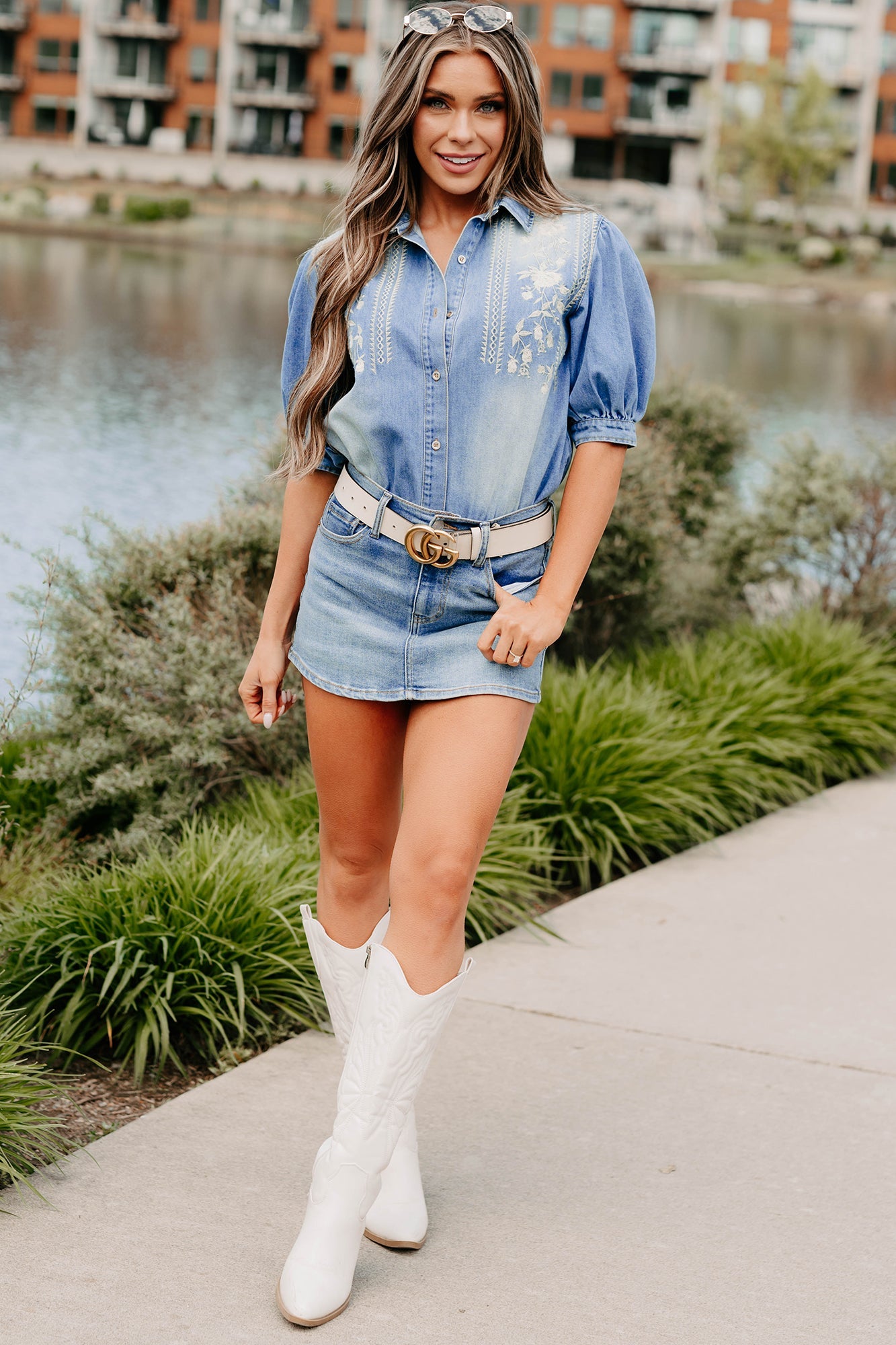 Halfway Home Cello Mid Rise Denim Mini Skort (Medium)