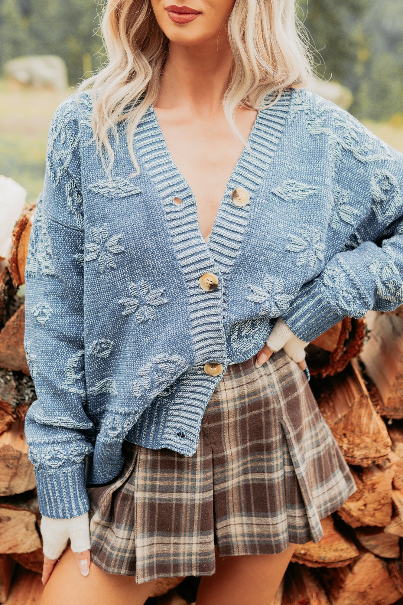 Just Sunday Knit Vintage Print Cardigan (Blue)