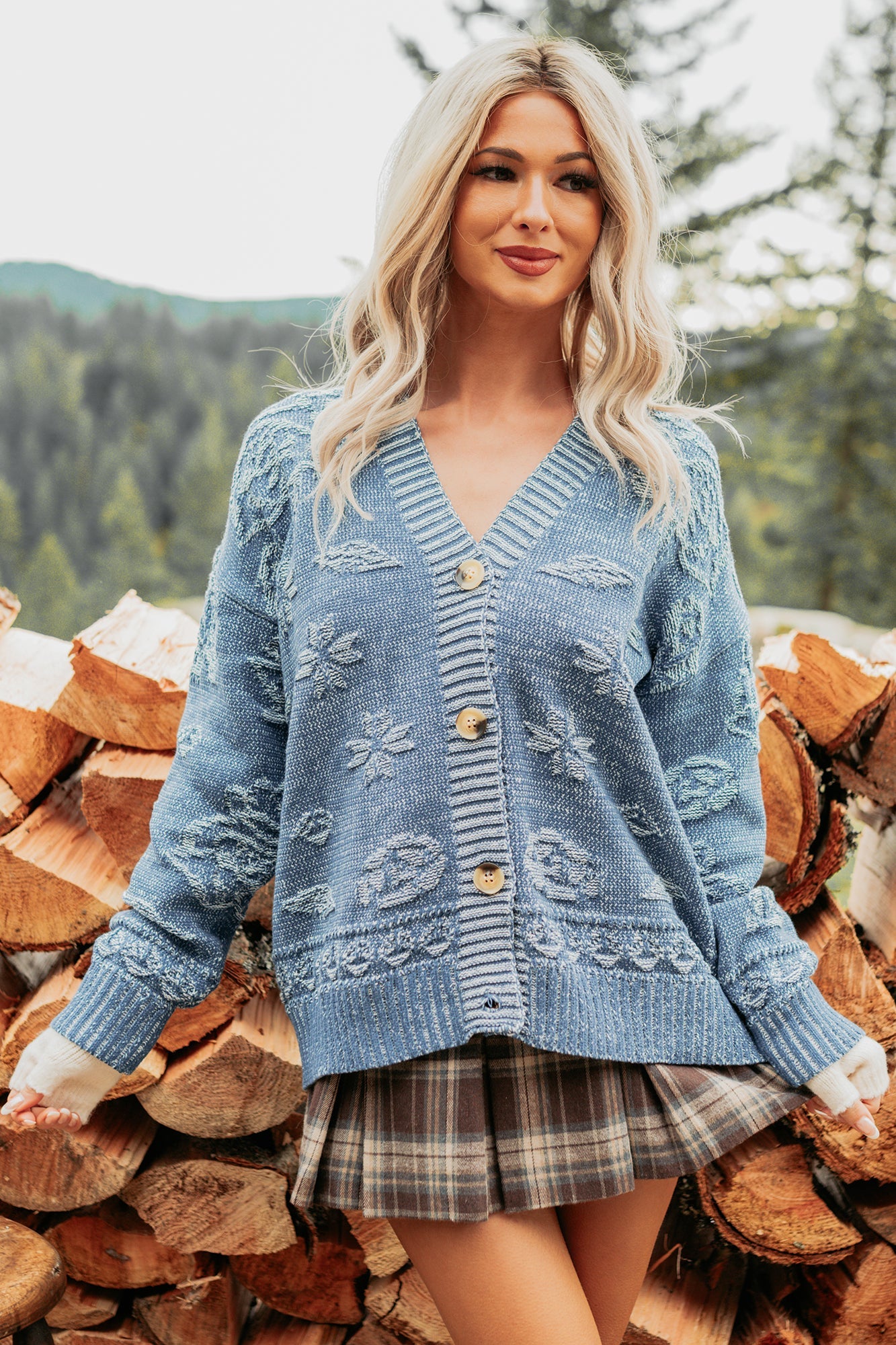 Just Sunday Knit Vintage Print Cardigan (Blue)