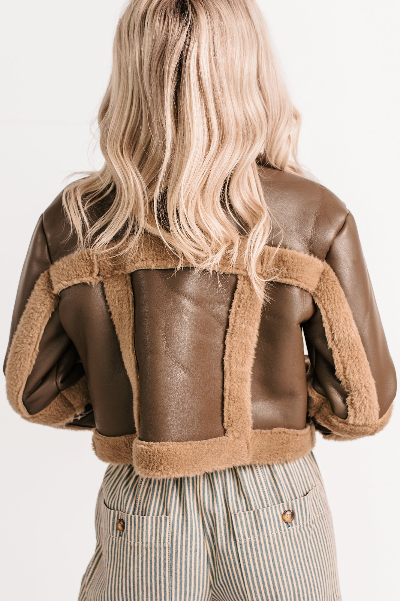 She's Fire Faux Leather Fur Trim Crop Jacket (Chocolate)