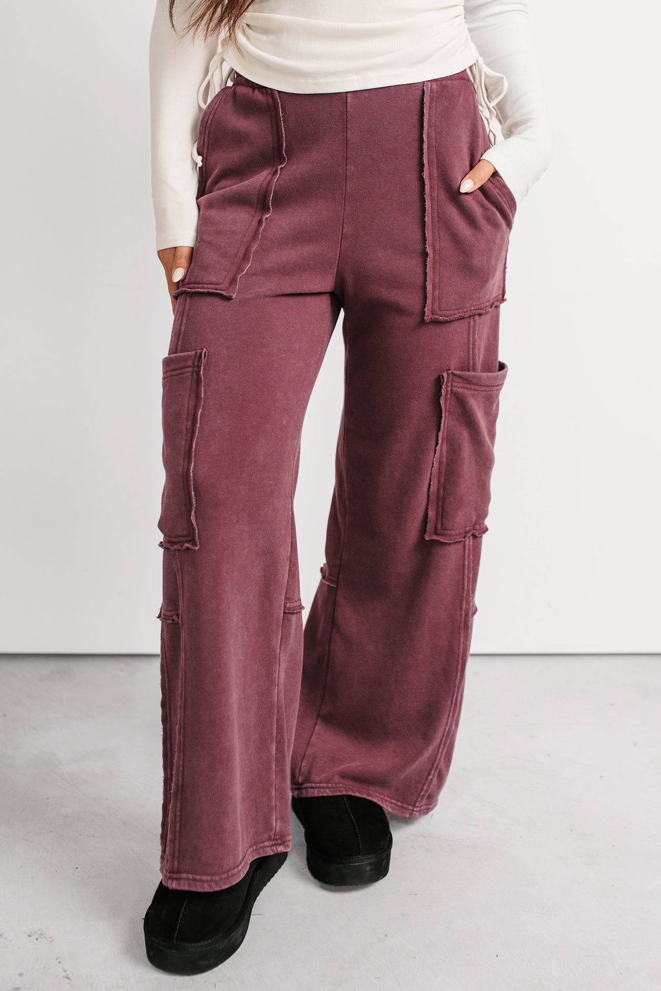 Made Ready Wide Leg Cargo Sweatpants (Dark Cherry)