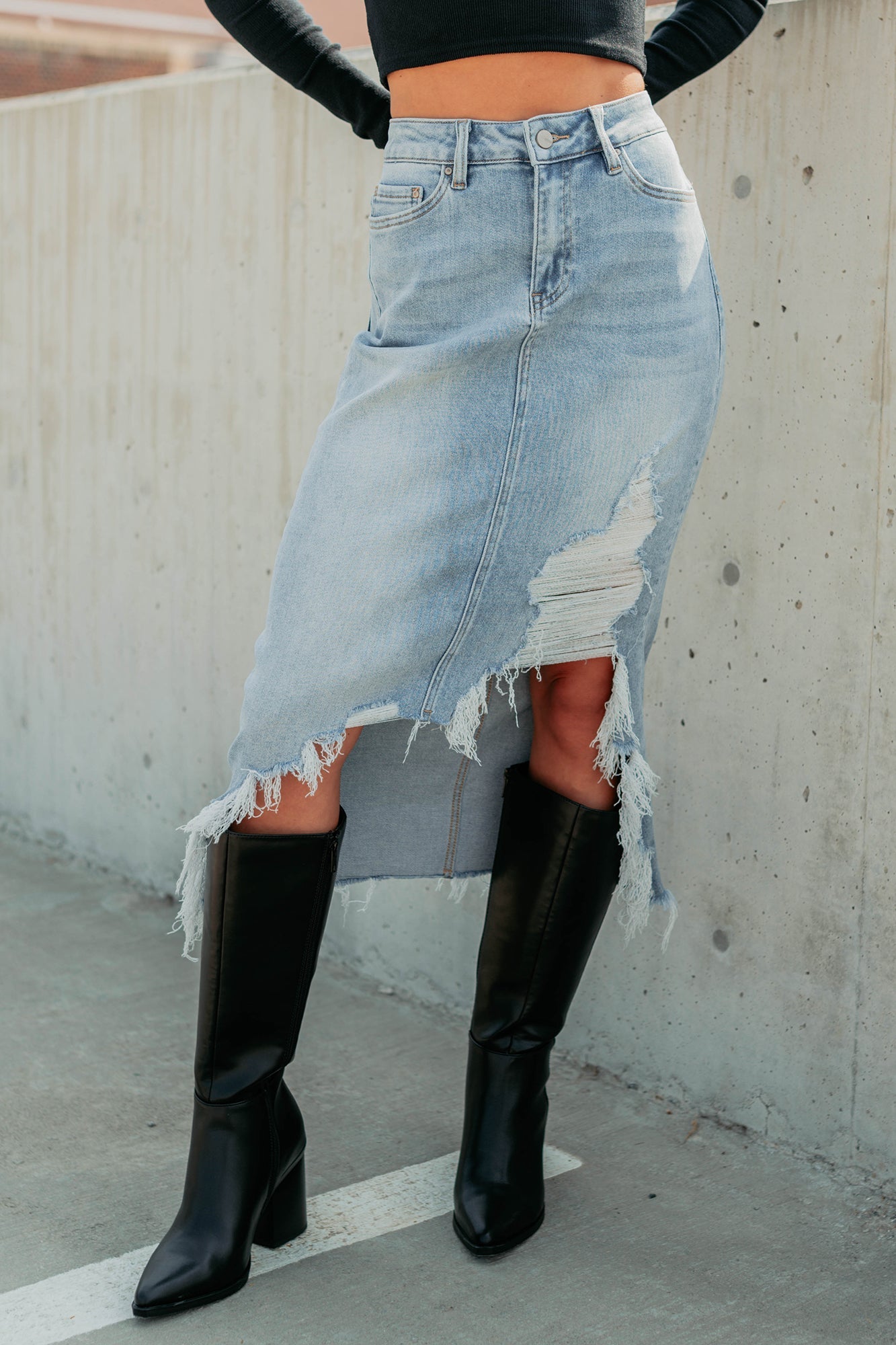 Fearless Energy Distressed Midi Skirt (Wild Blue)