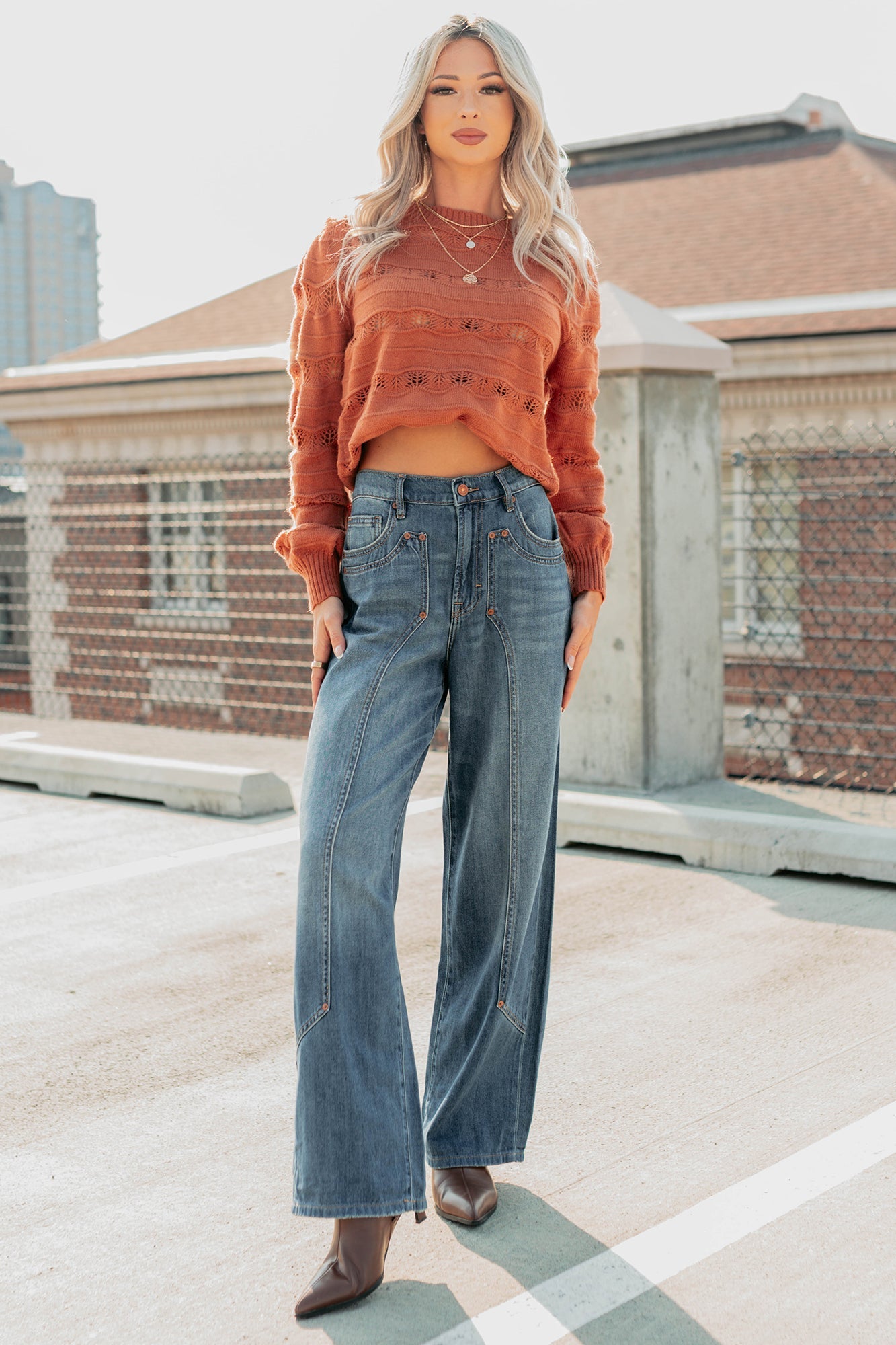 Quiet Mornings Open Knit Detailed Sweater (Terracotta)