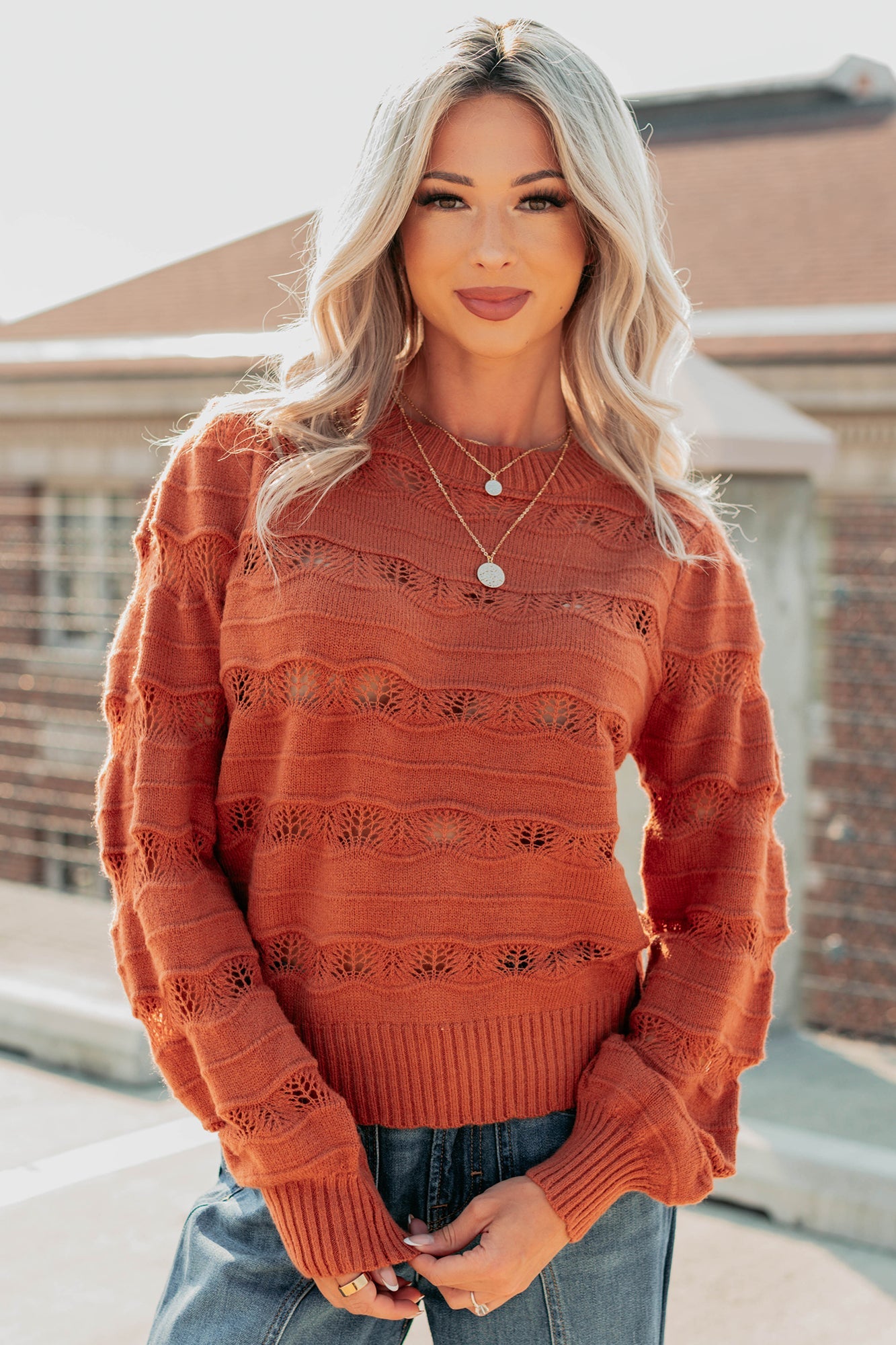 Quiet Mornings Open Knit Detailed Sweater (Terracotta)