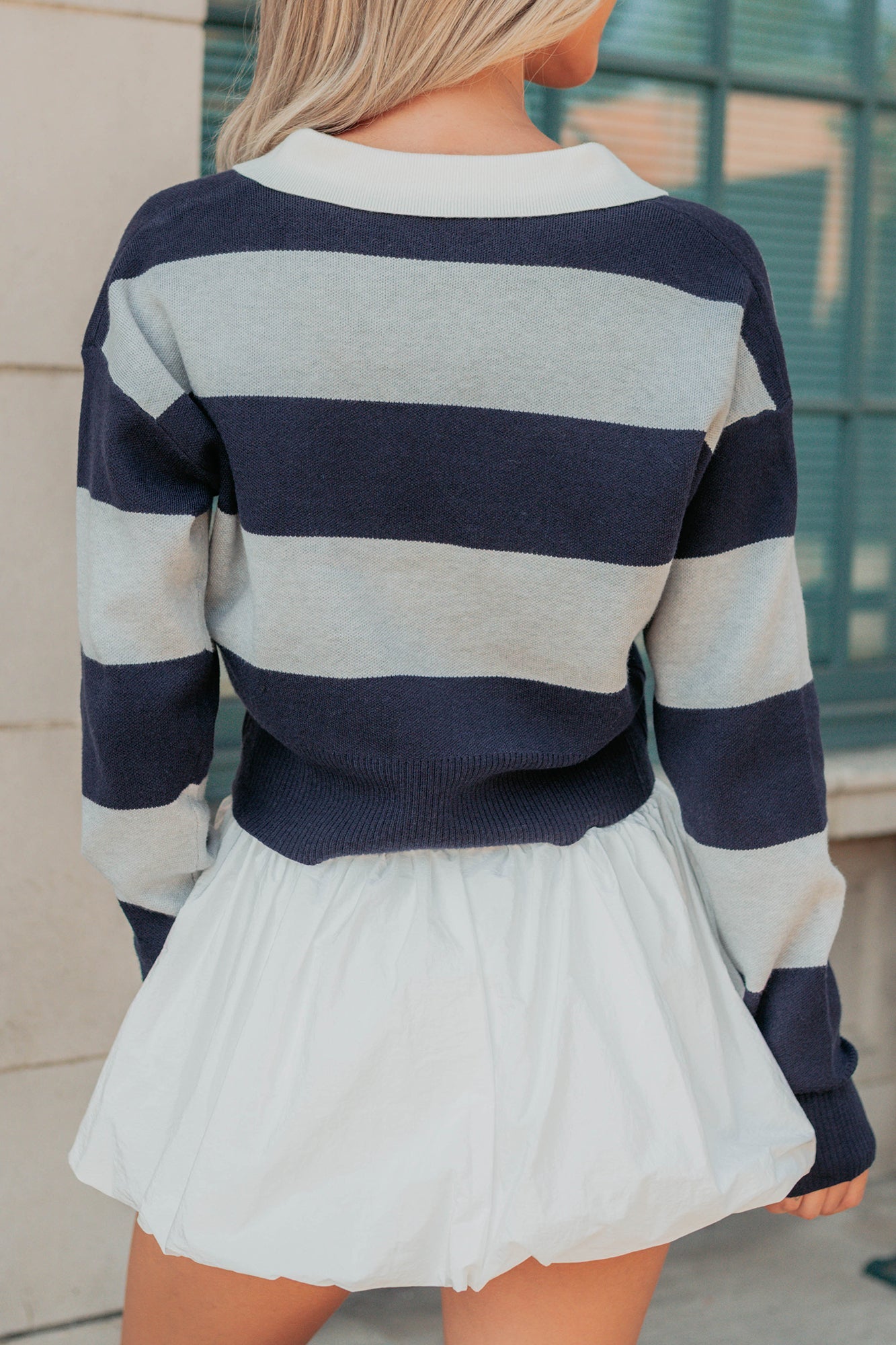 Lost Abroad Striped Knit Polo Top (Navy/Grey)