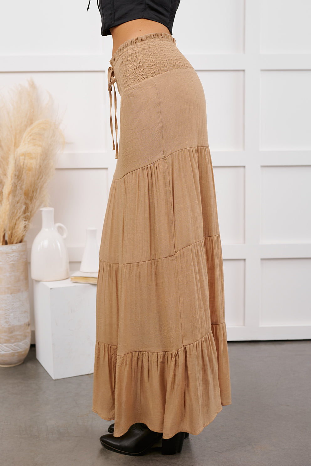 Ocean Serenade Tiered Maxi Skirt (Khaki)