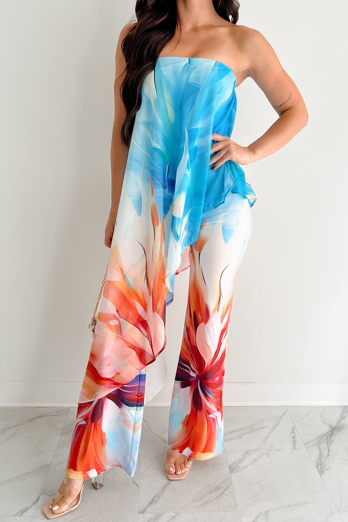 Wander Wildly Strapless Flowy Jumpsuit (Blue/Multi)
