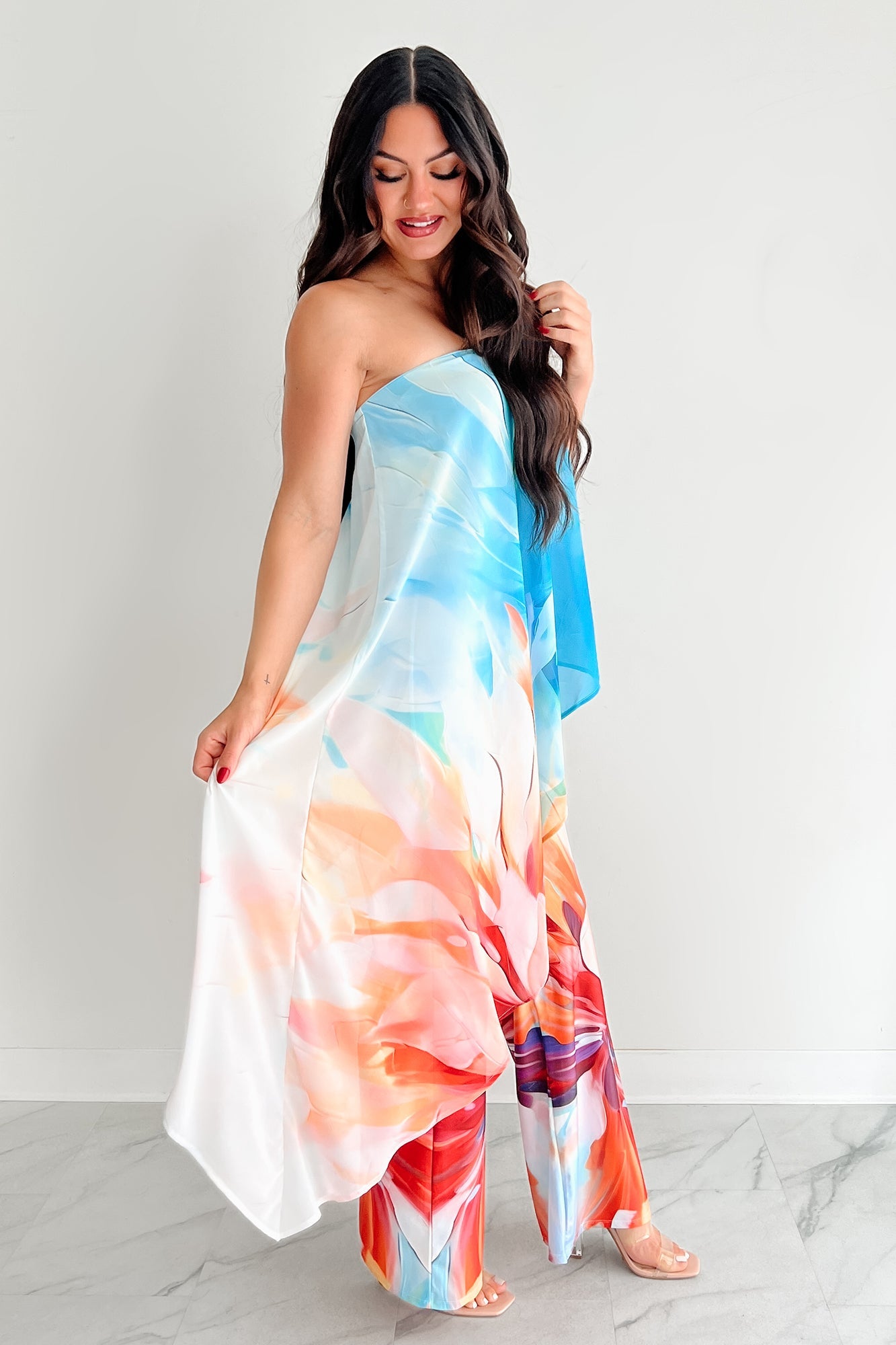 Wander Wildly Strapless Flowy Jumpsuit (Blue/Multi)