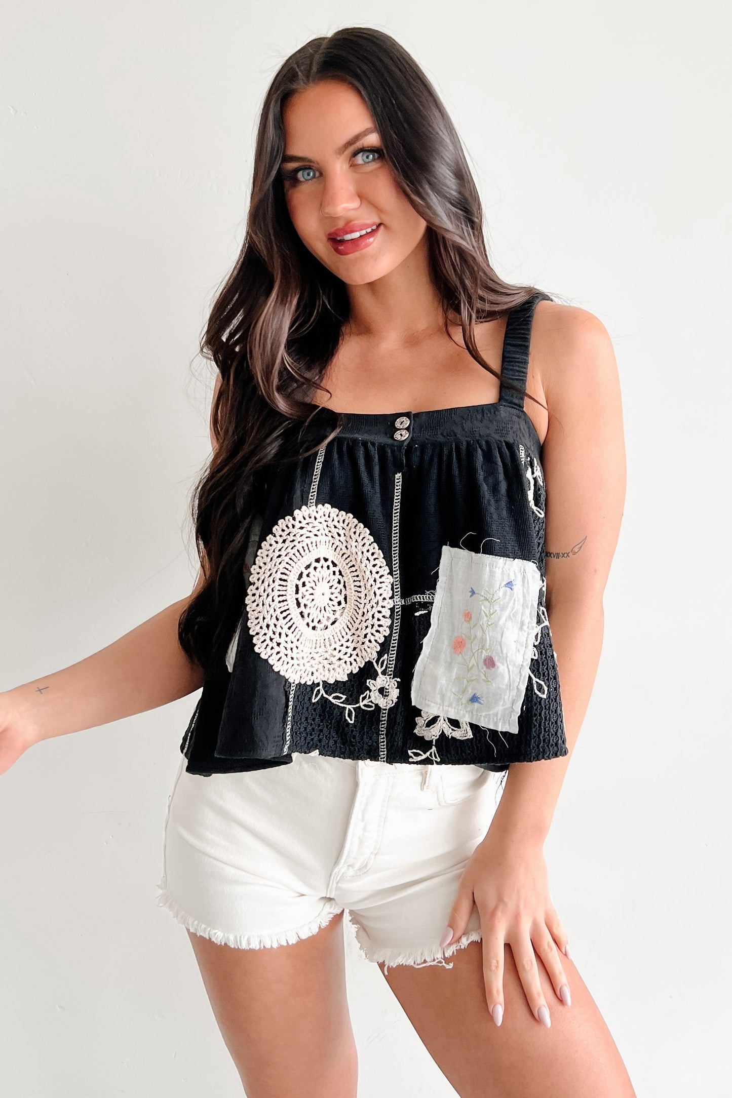 Trendsetter POL Crochet Patchwork Sleeveless Top (Black)