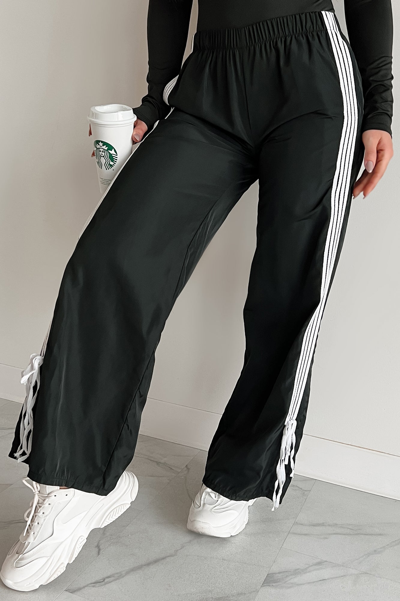 Colby Side Stripe Ribbon Tie Track Pants (Black)