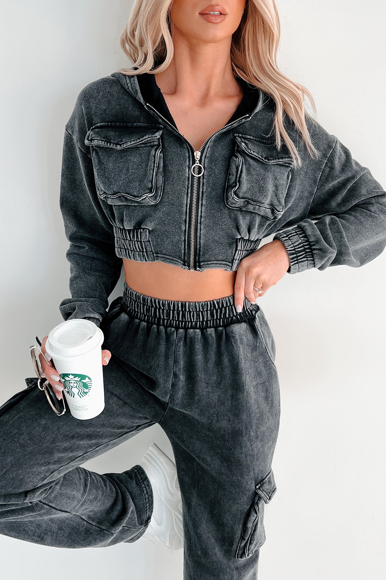 Talk Later Mineral Wash Hoodie & Sweatpants Set (Black)