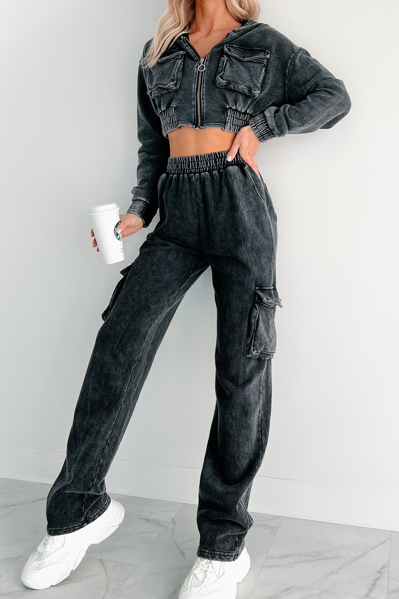 Talk Later Mineral Wash Hoodie & Sweatpants Set (Black)
