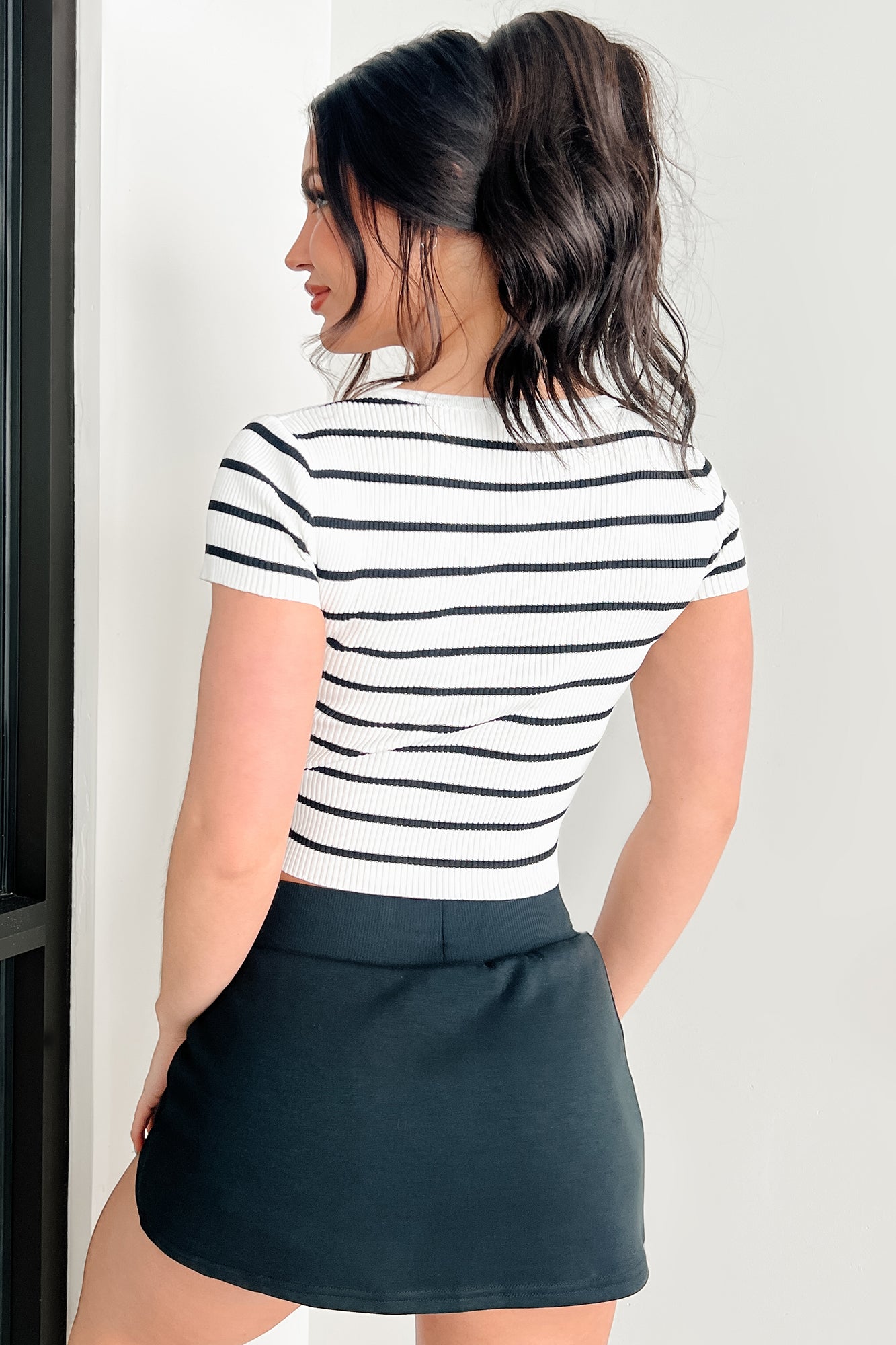Comfy & Carefree Striped Short Sleeve Henley Top (White)