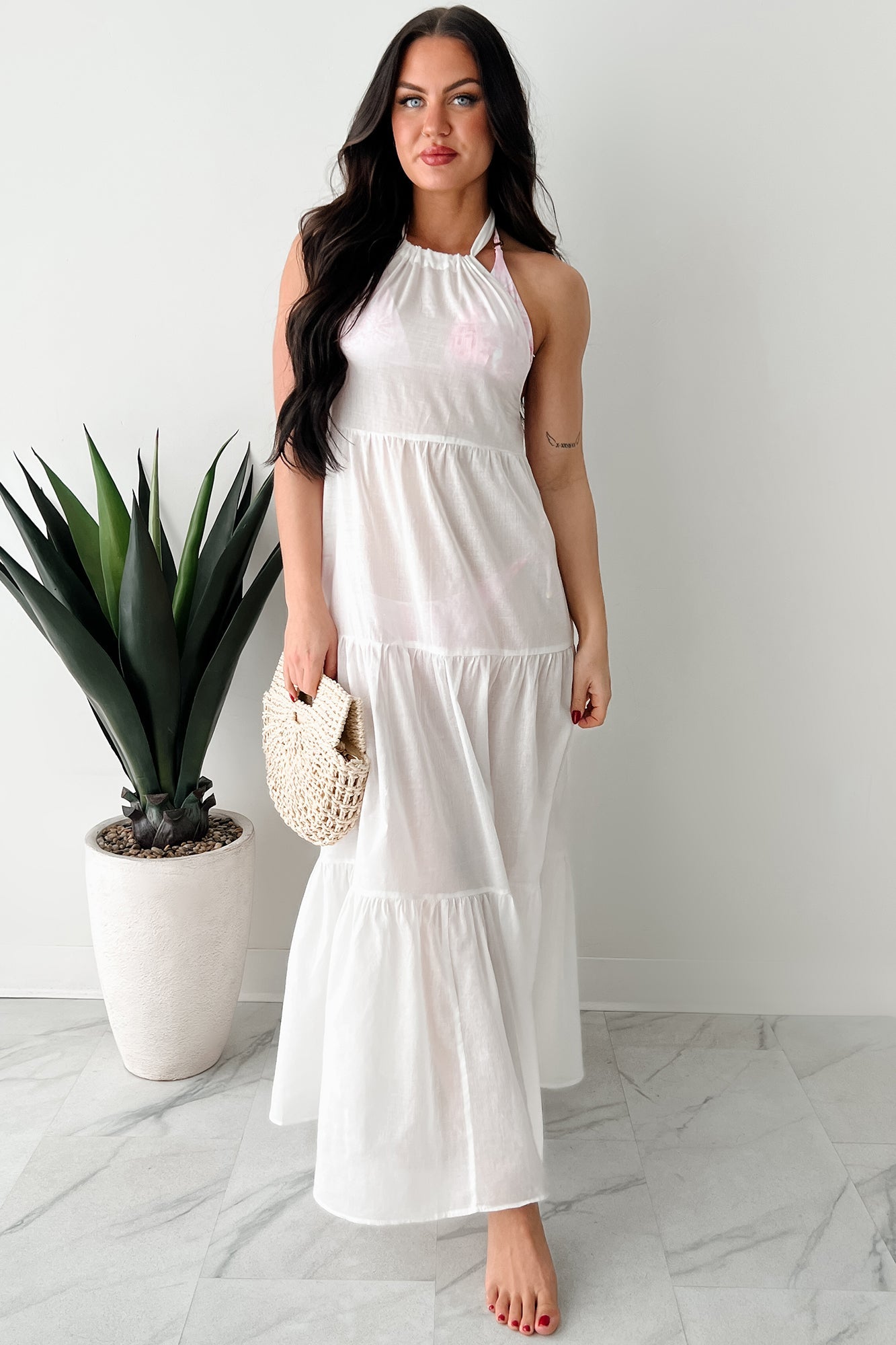 Reach To The Skies Halter Maxi Coverup Dress (Off White)