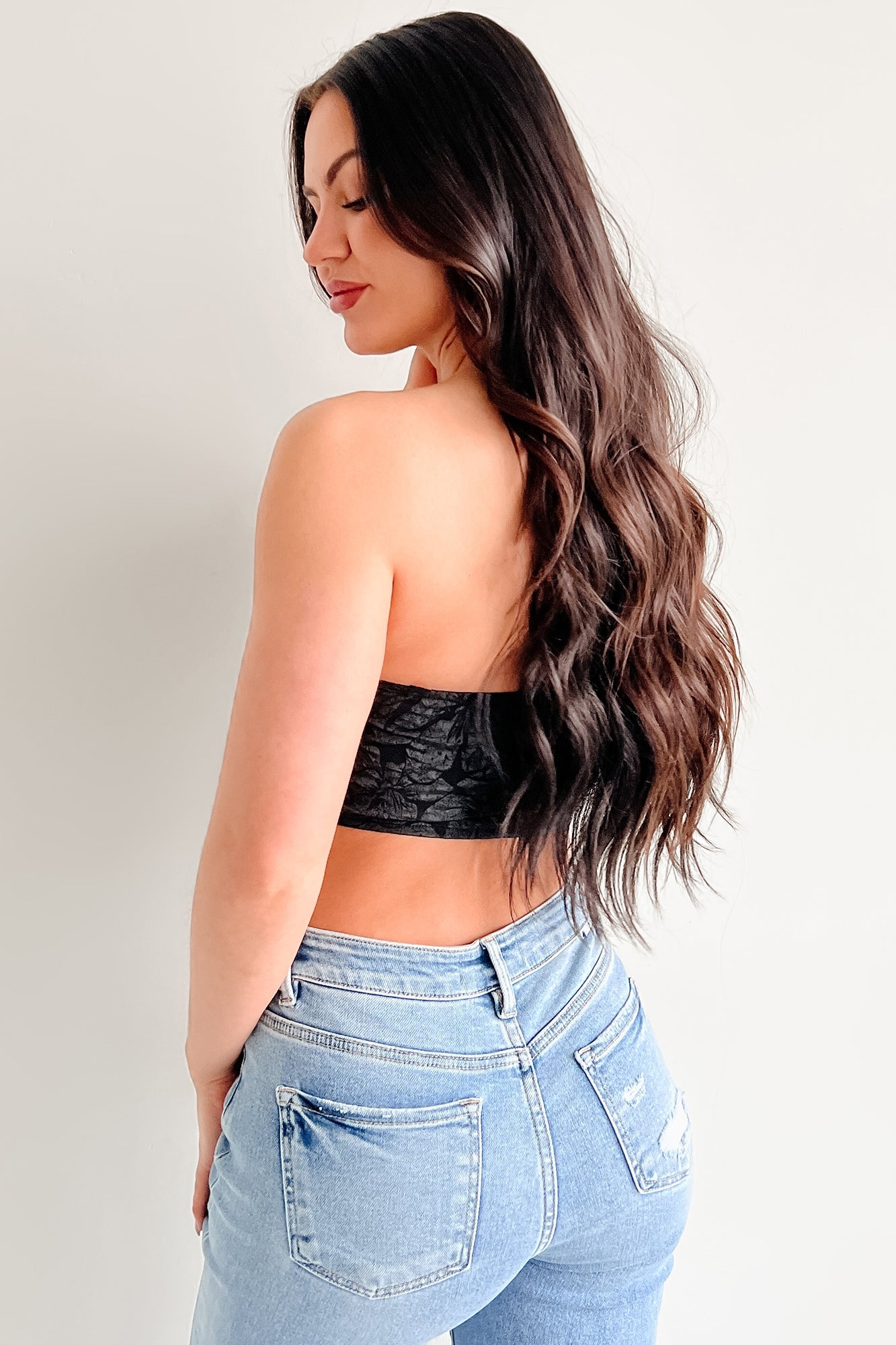 Glam Life Hook Front Strapless Floral Bustier Top (Black)