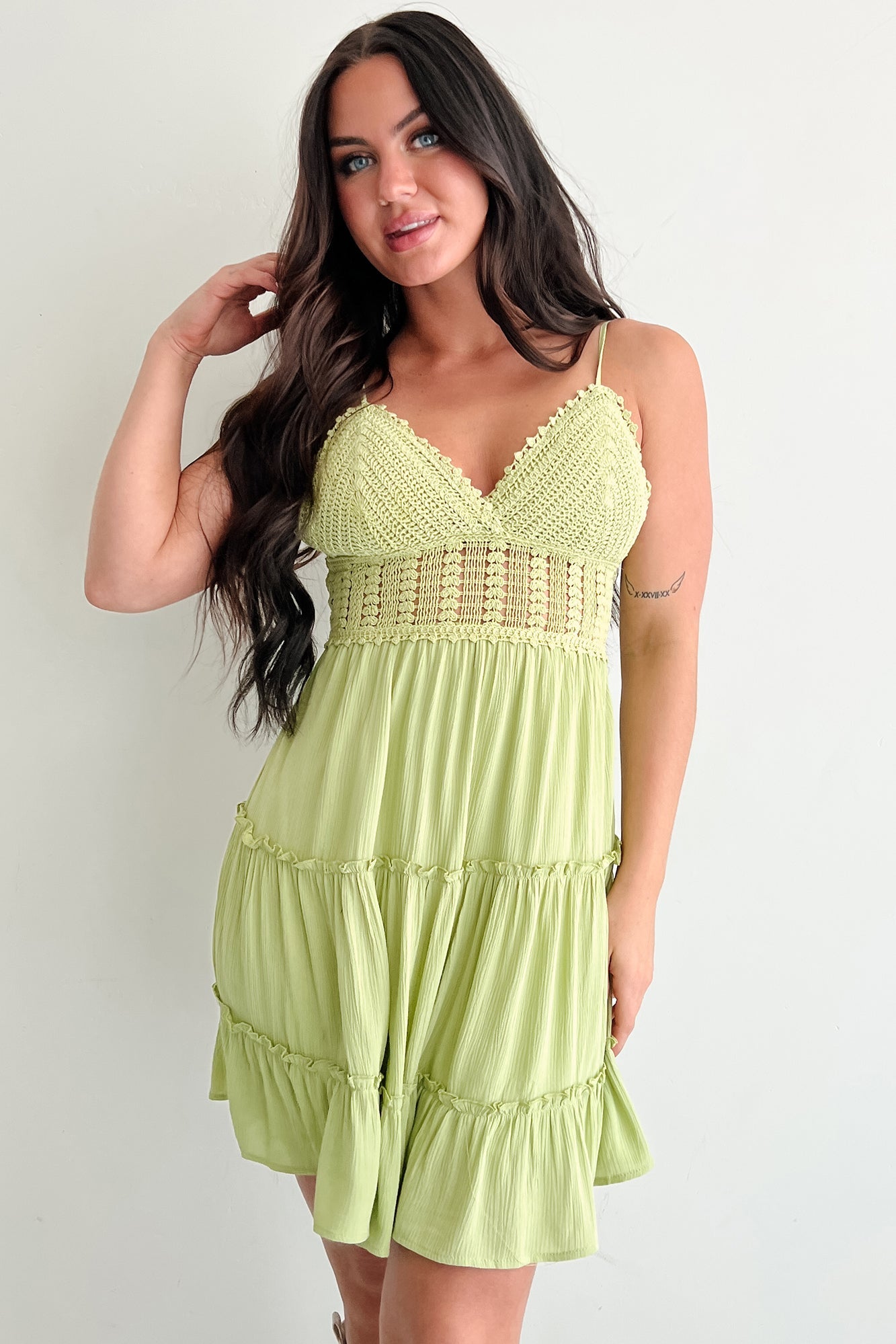 Capture Magic Crochet Tiered Mini Dress (Avocado)
