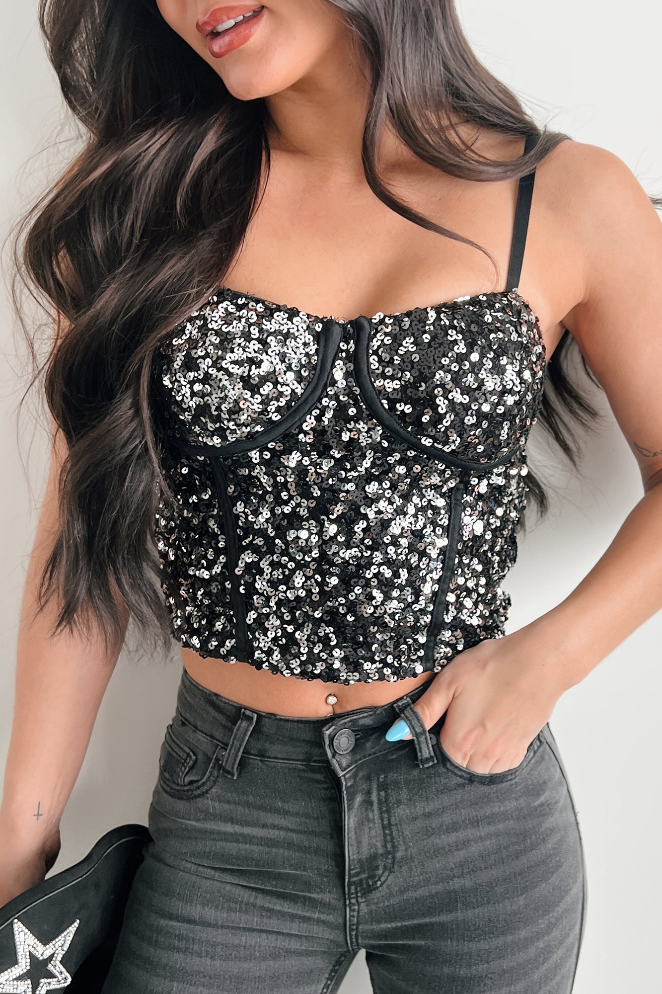 Gleaming Goddess Sequin Corset Top (Black/Silver)