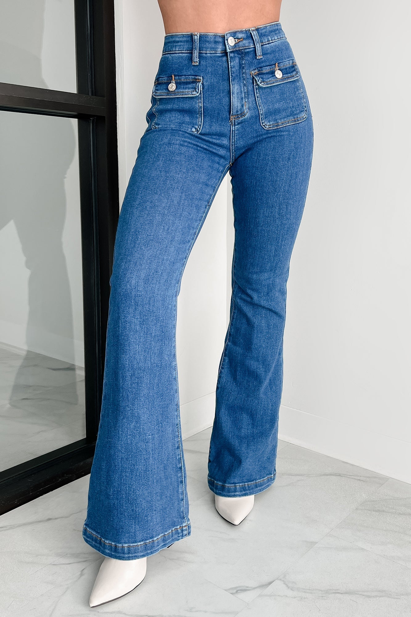 Foster Special A High Rise Tummy Control Patch Pocket Flare Jeans (Medium Dark)