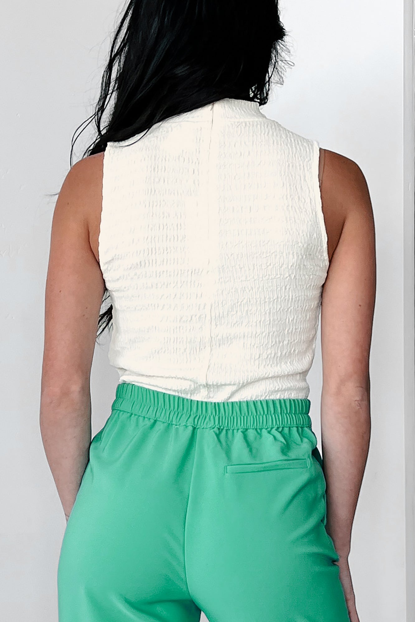 Sophisticated Summer Textured Mock Neck Top (Cream)