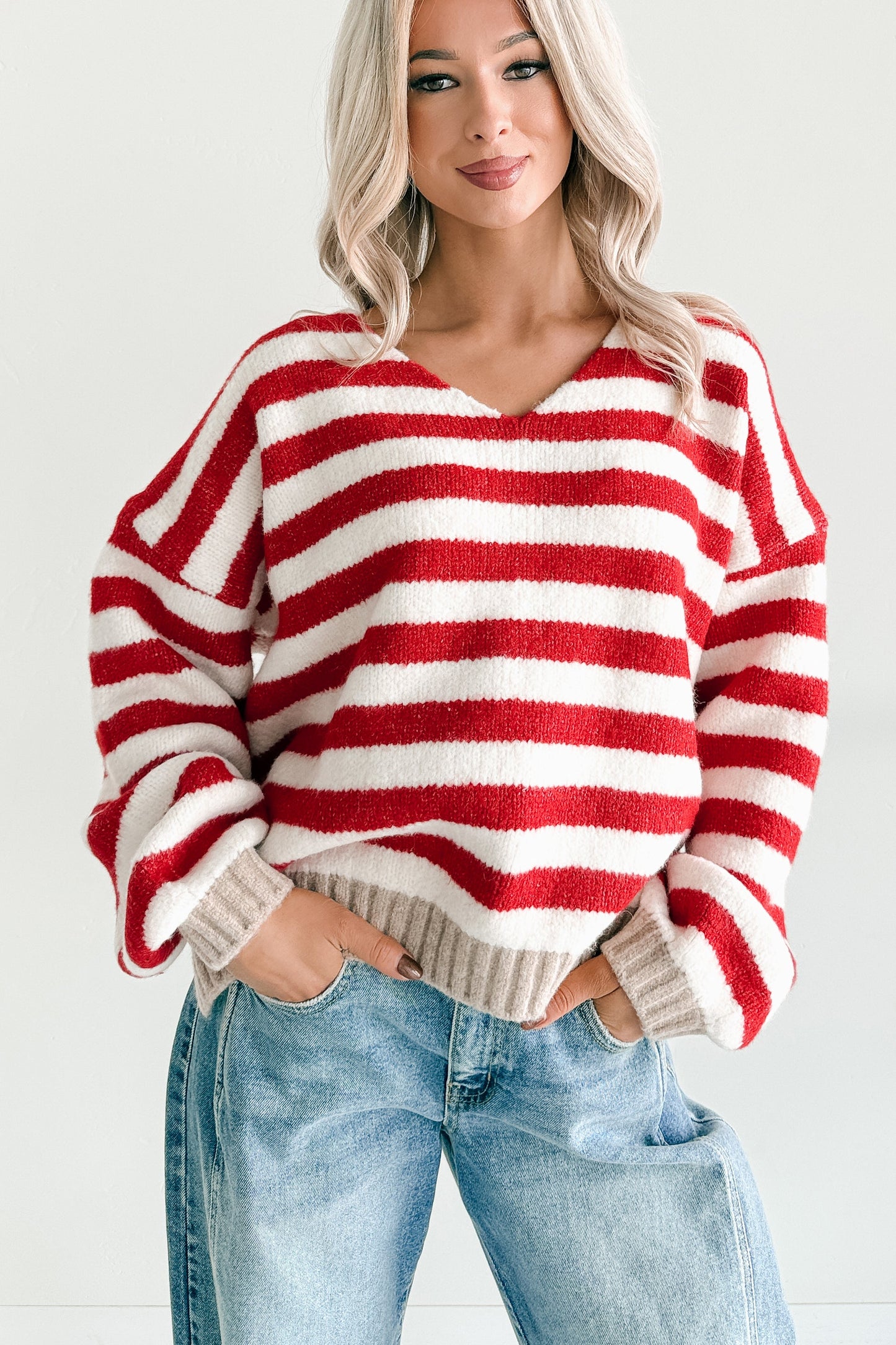 Inspire Me V Neck Striped Knit Sweater (Red/Ivory)