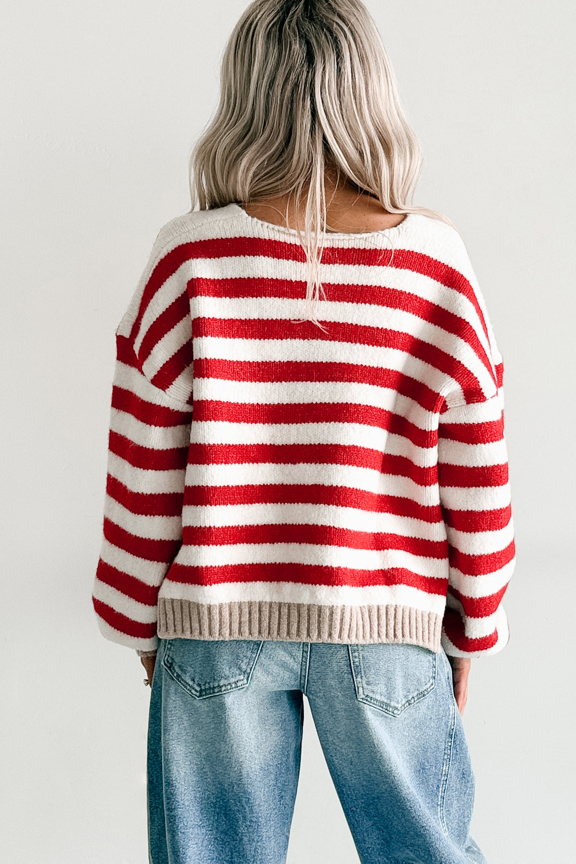 Inspire Me V Neck Striped Knit Sweater (Red/Ivory)