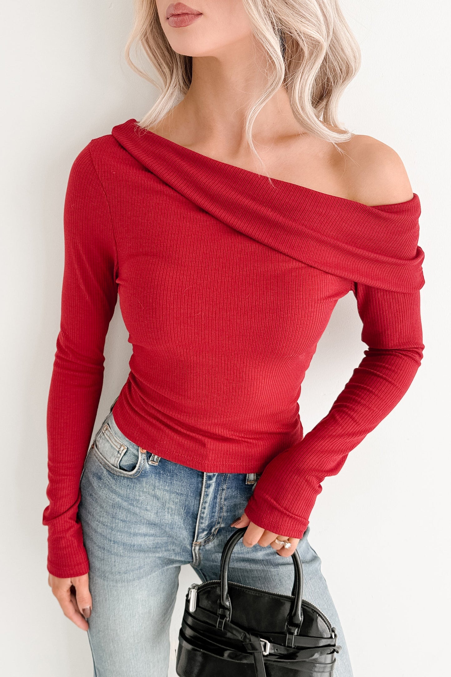 Luxe Basics One Shoulder Ribbed Top (Burgundy)