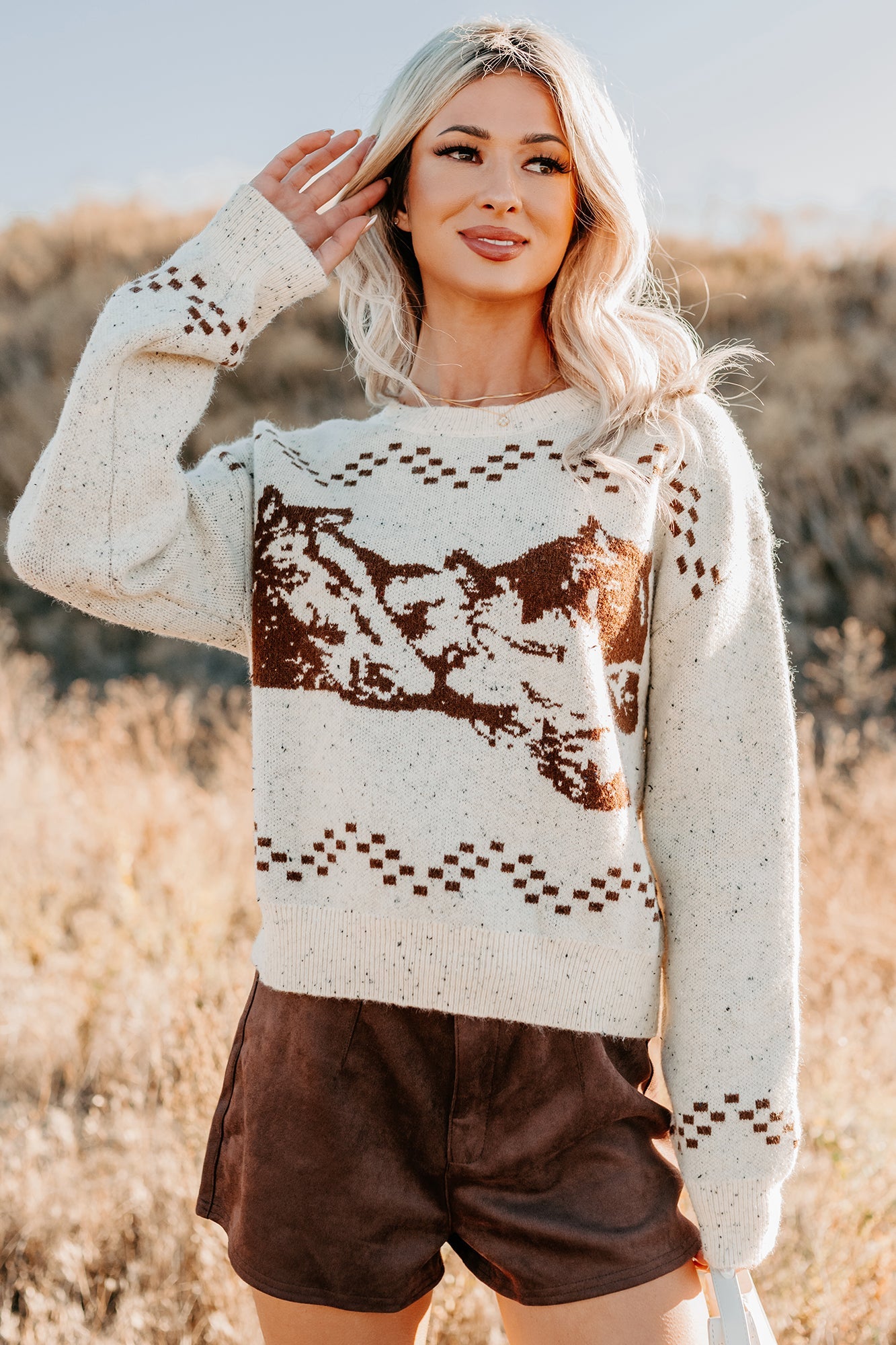 Rodeo Radiance Horse Pattern Knit Sweater (Oatmeal)