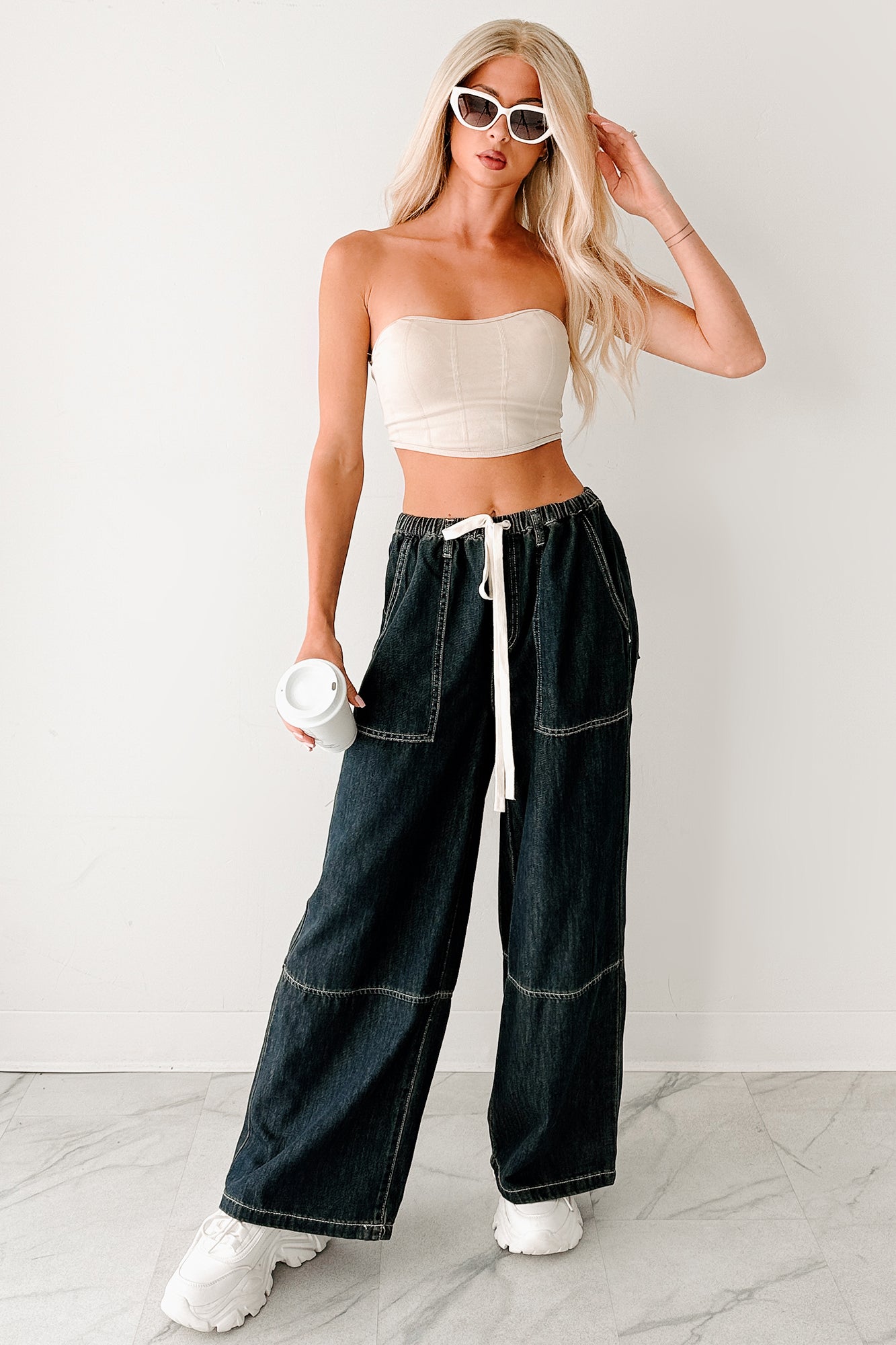 Chill Energy Wide Leg Drawstring Pants (Grey Denim)