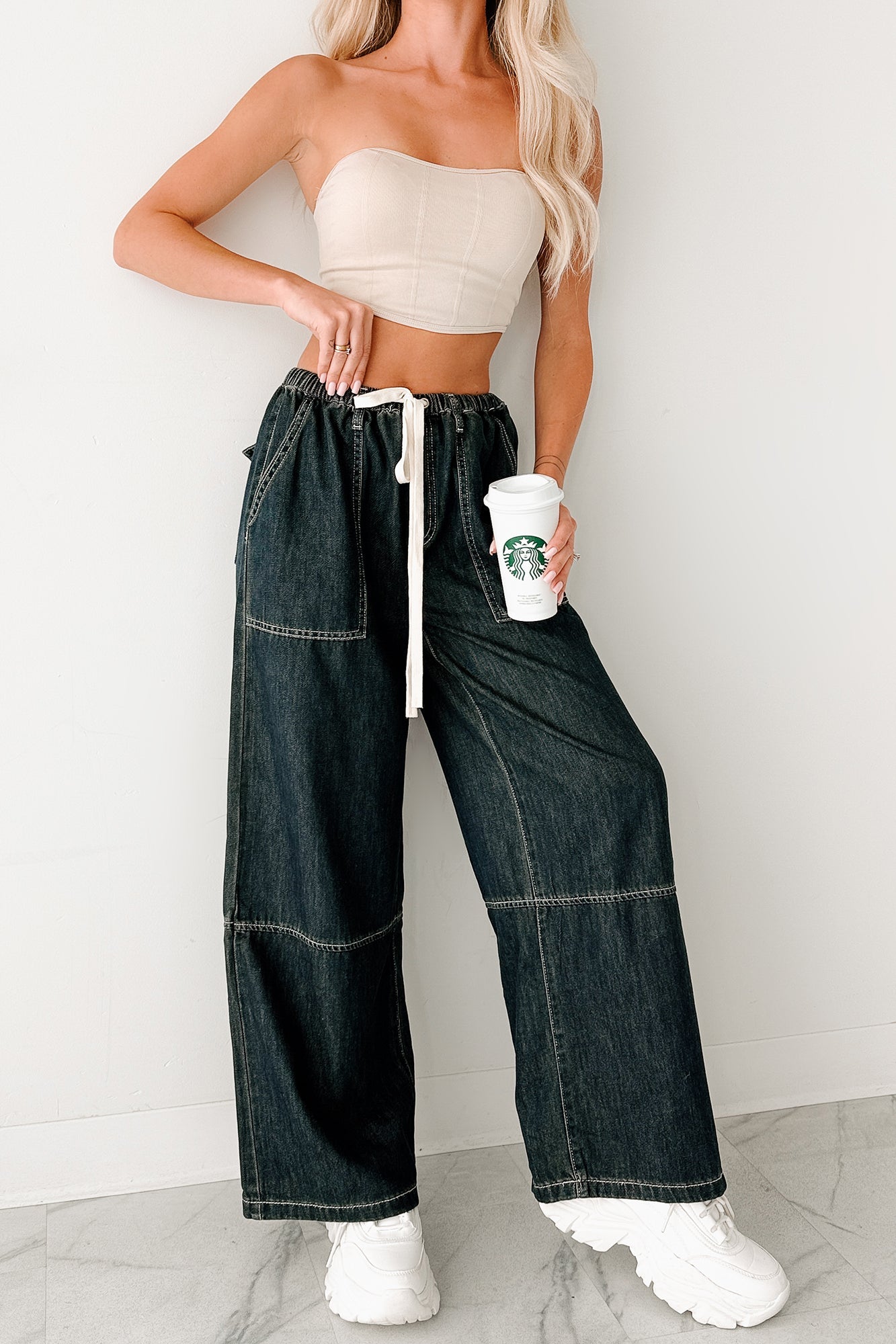 Chill Energy Wide Leg Drawstring Pants (Grey Denim)