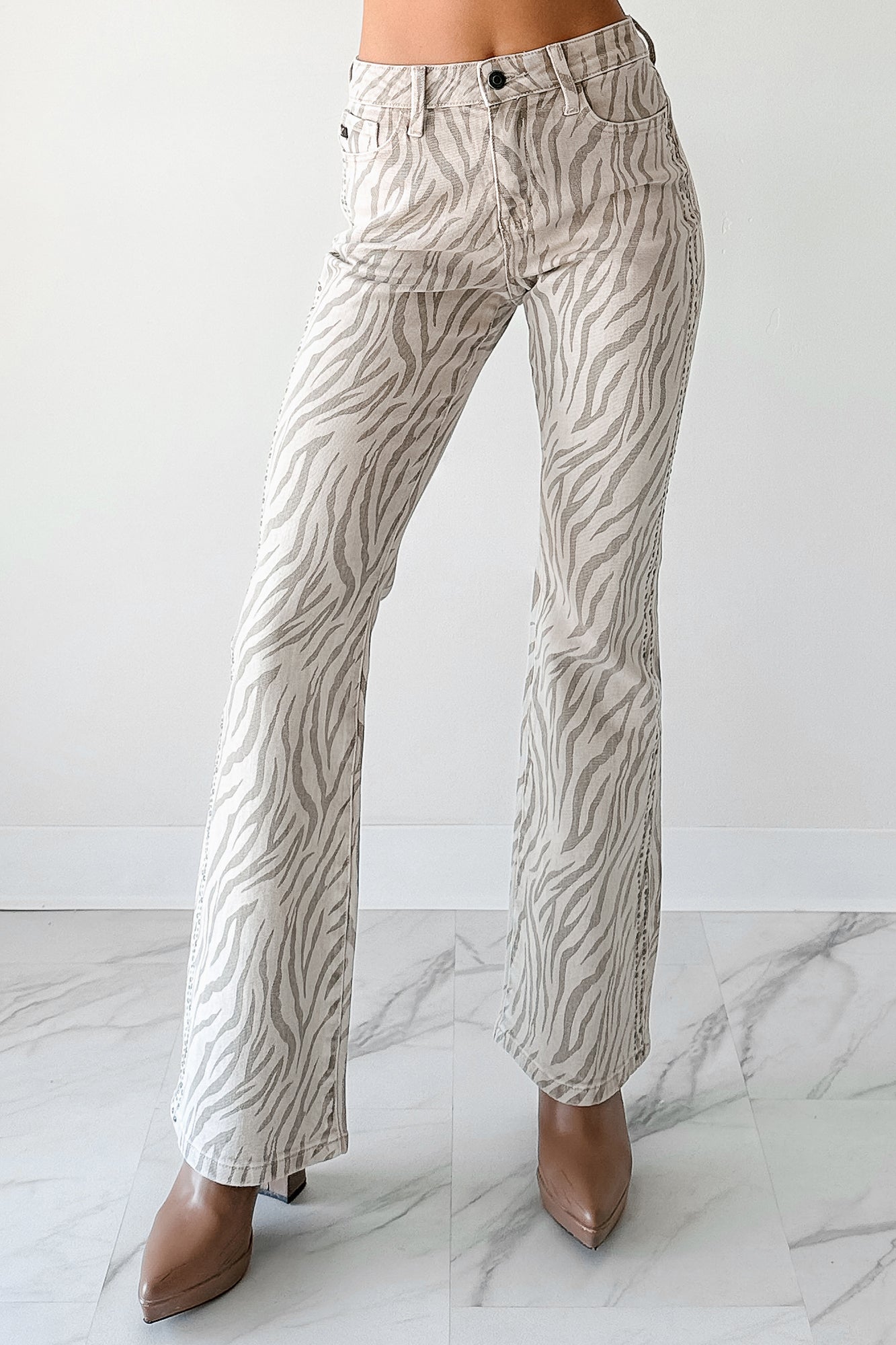 Philip Zebra Studded Flare Kancan Jeans (Beige)