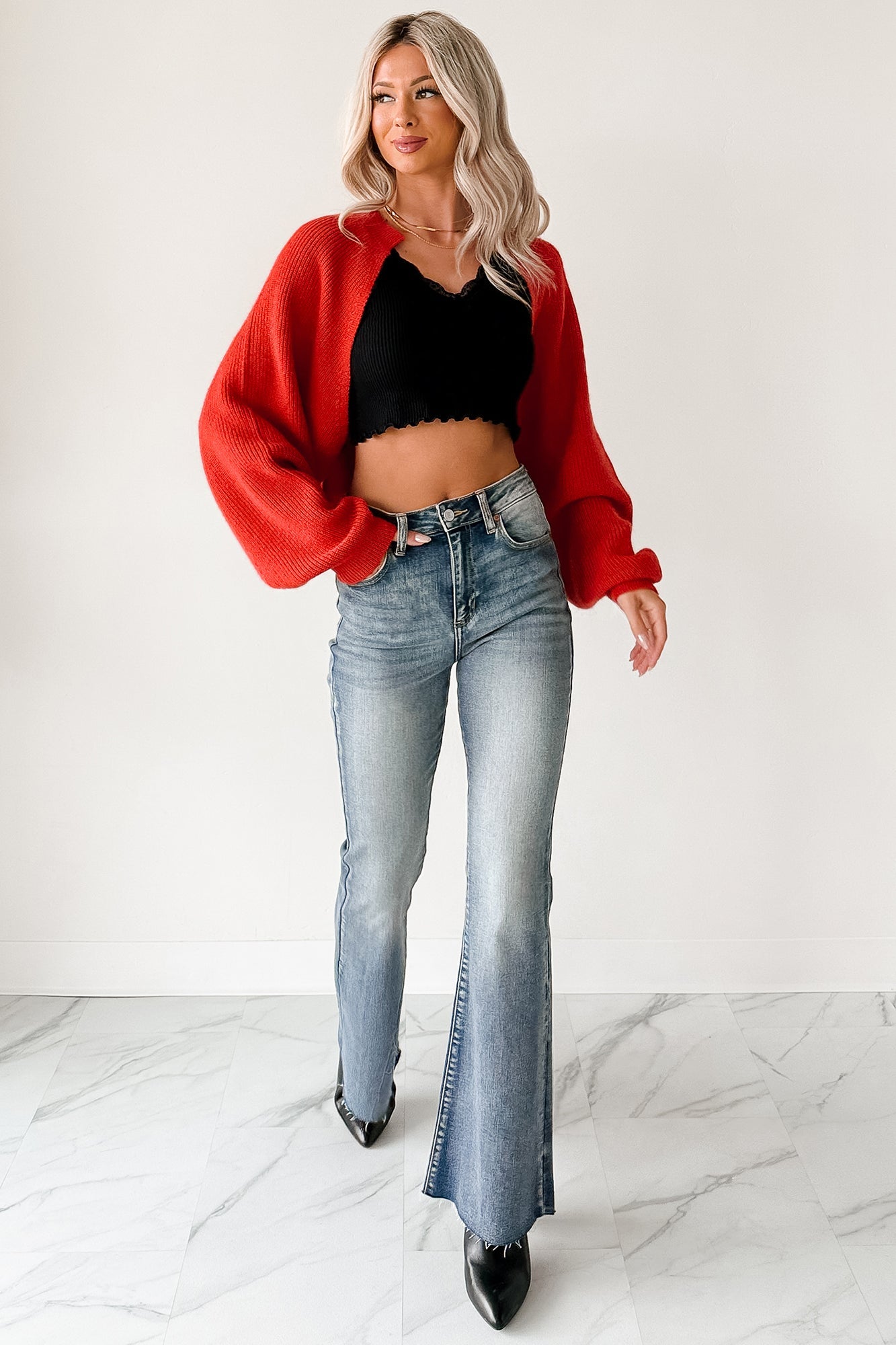 Moonlit Quiet Open Front Bolero Cardigan (Orange/Red)