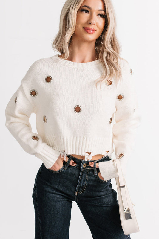 Winter Slow Distressed Grommet Sweater (Ivory)