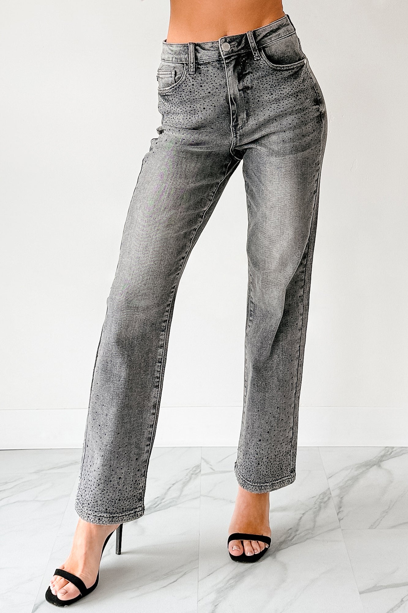 Kourtney Judy Blue Rhinestone Detail Straight Leg Jeans (Grey)