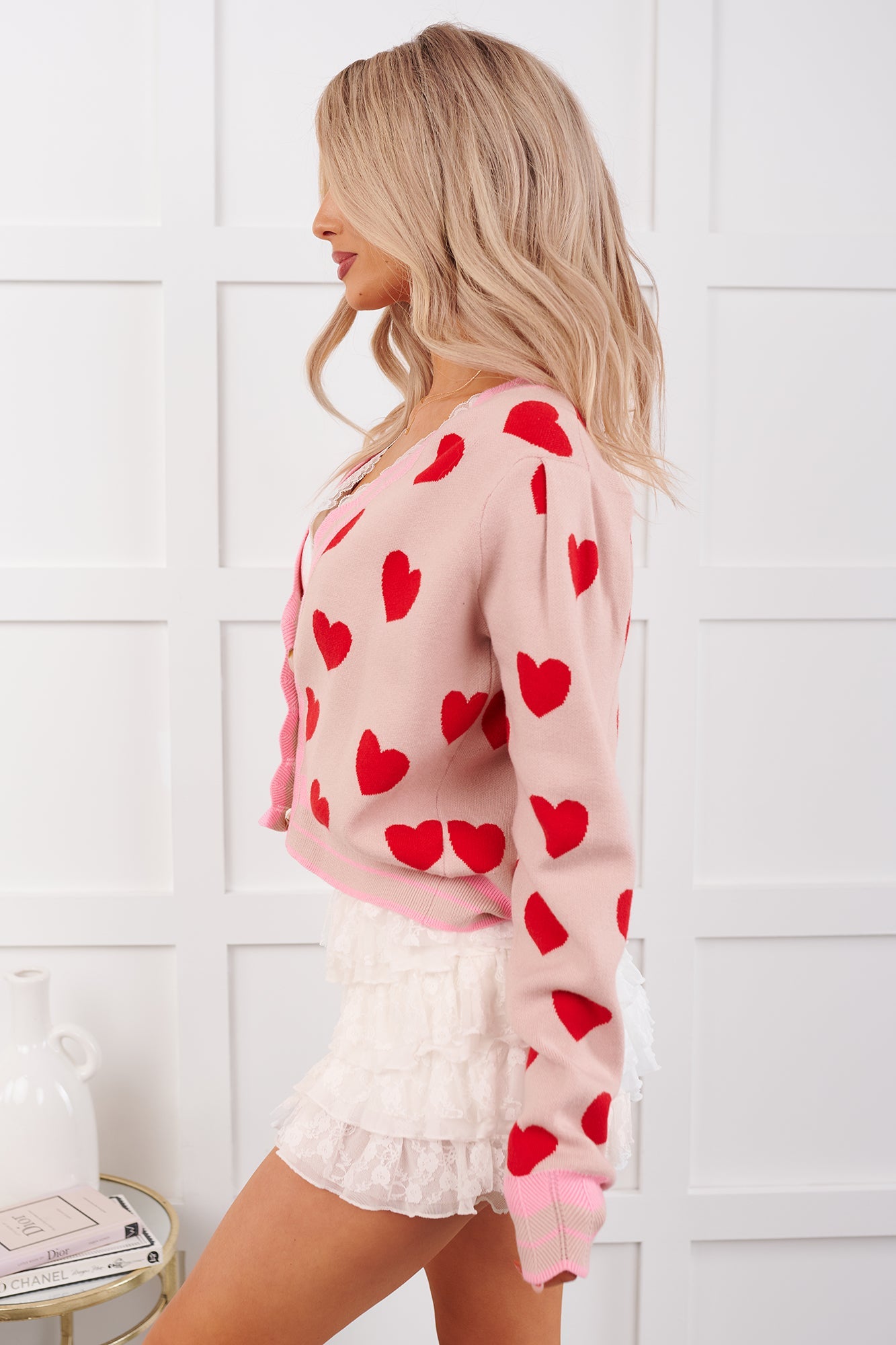 Lover's Lane Heart Pattern Scallop Edge Cardigan (Blush/Red)