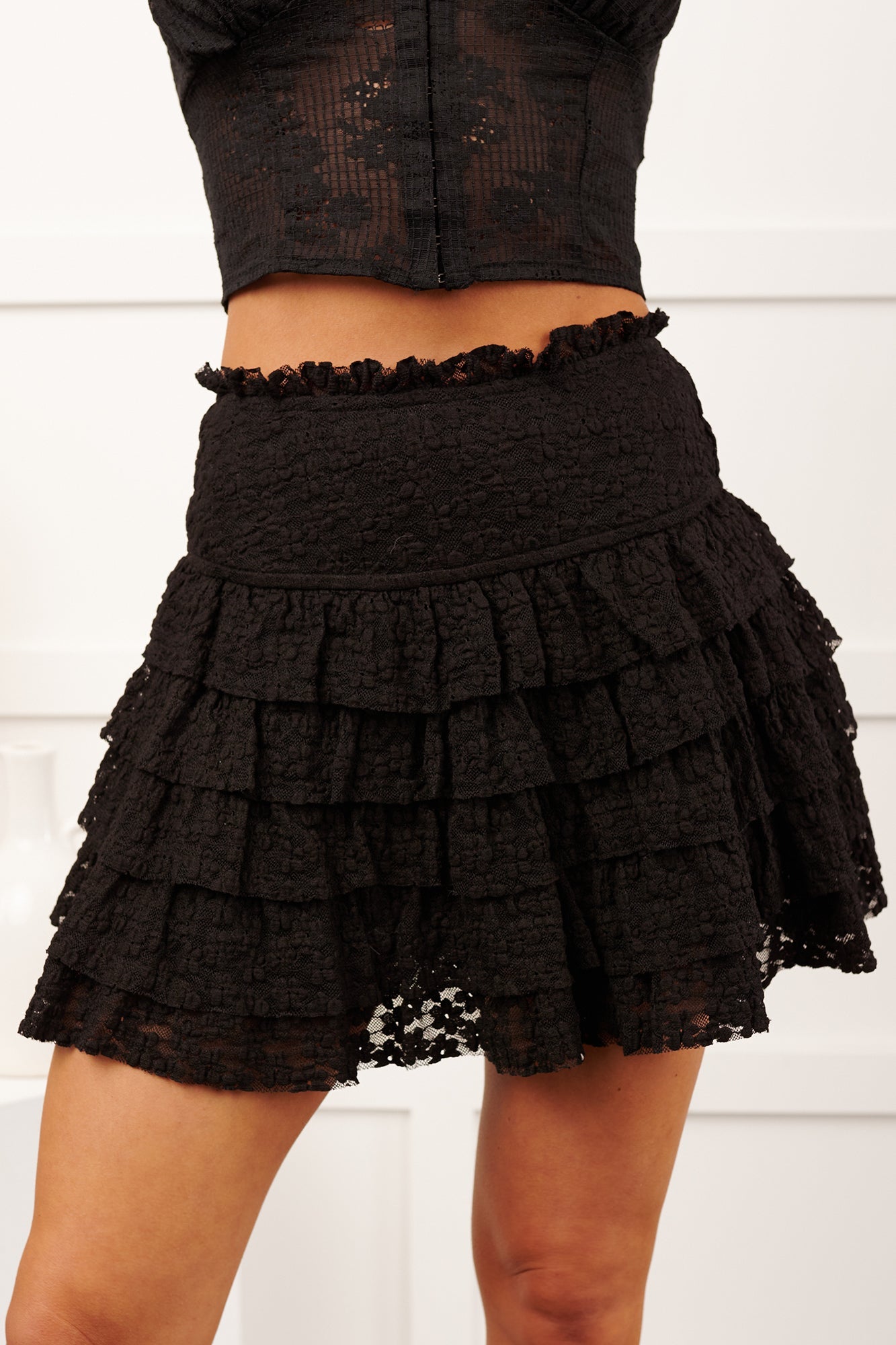 My First Kiss Lace Ruffled Layered Mini Skirt (Black)