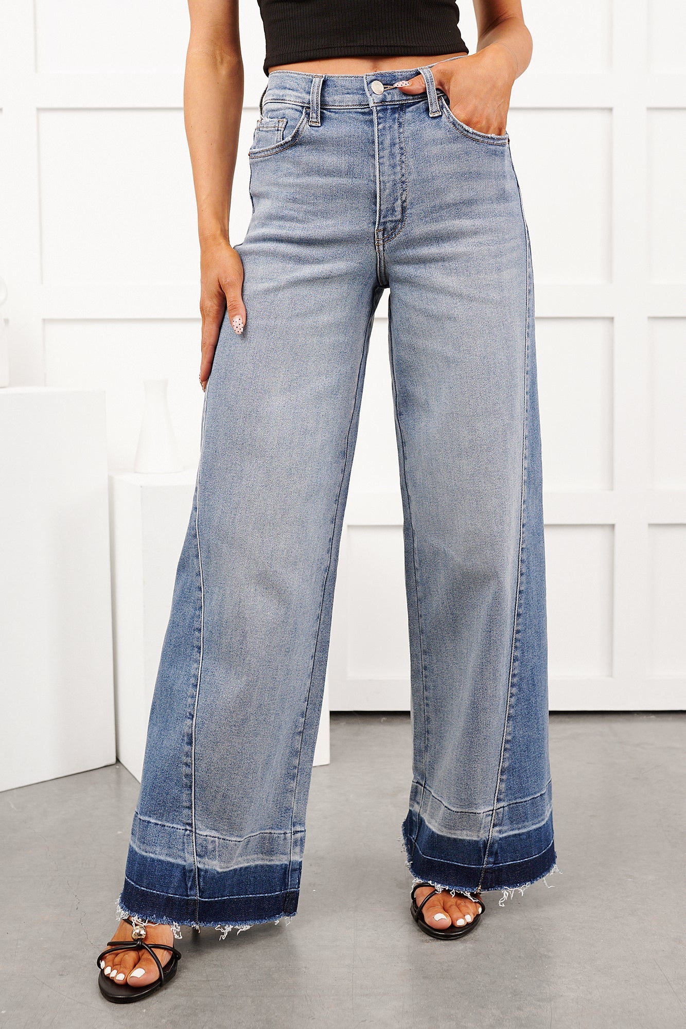 Brendan High Rise Wide Leg Cello Jeans (Two Tone Blue)