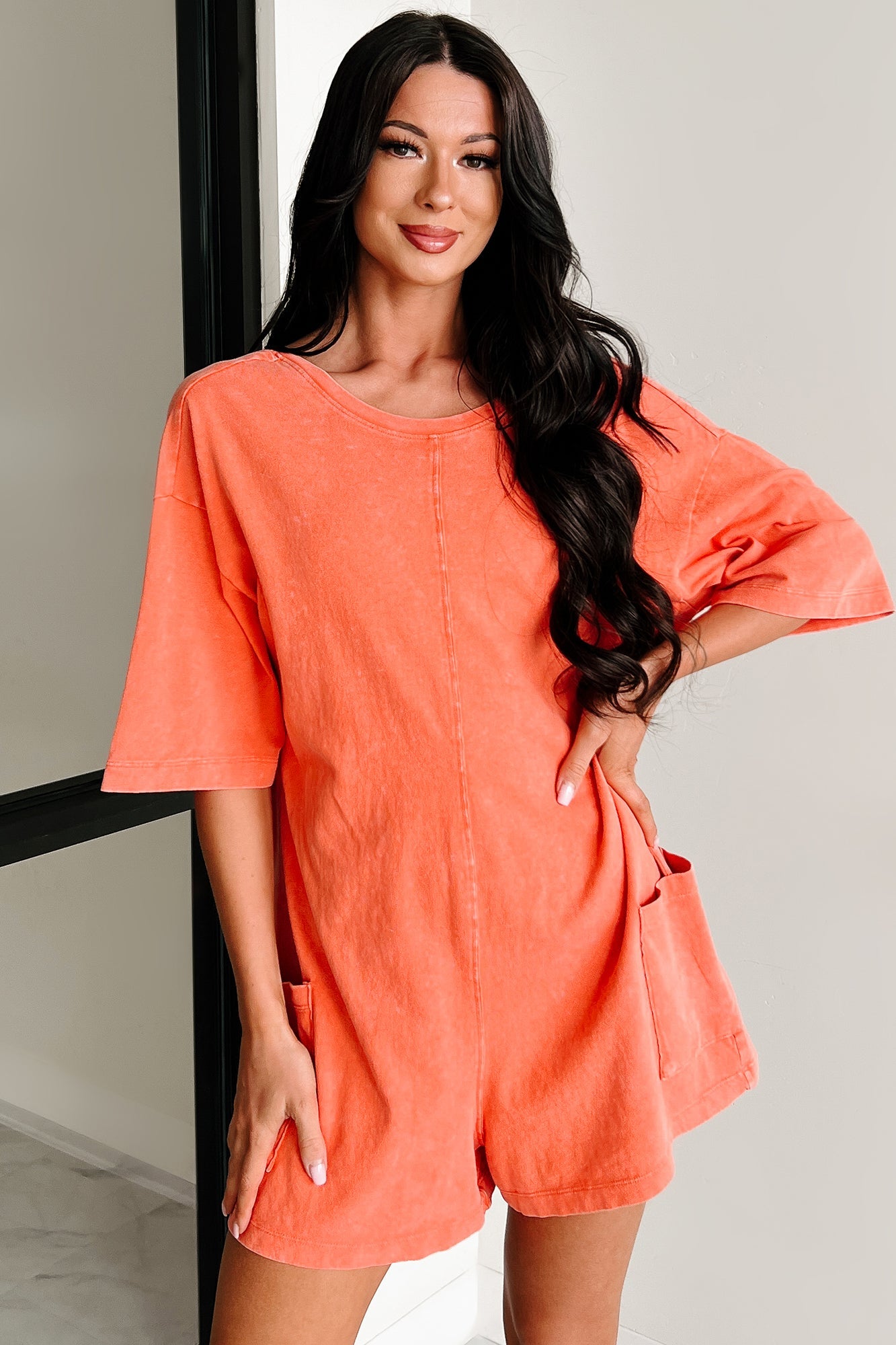 Bright As A Comet V Back Short Sleeve Romper (Tomato)