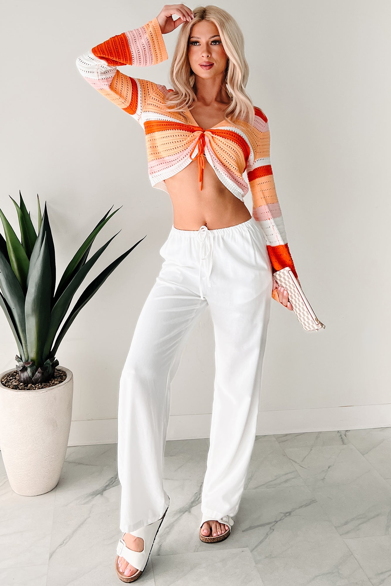 Vibing Out Long Sleeve Striped Crochet Top (Orange/Combo)