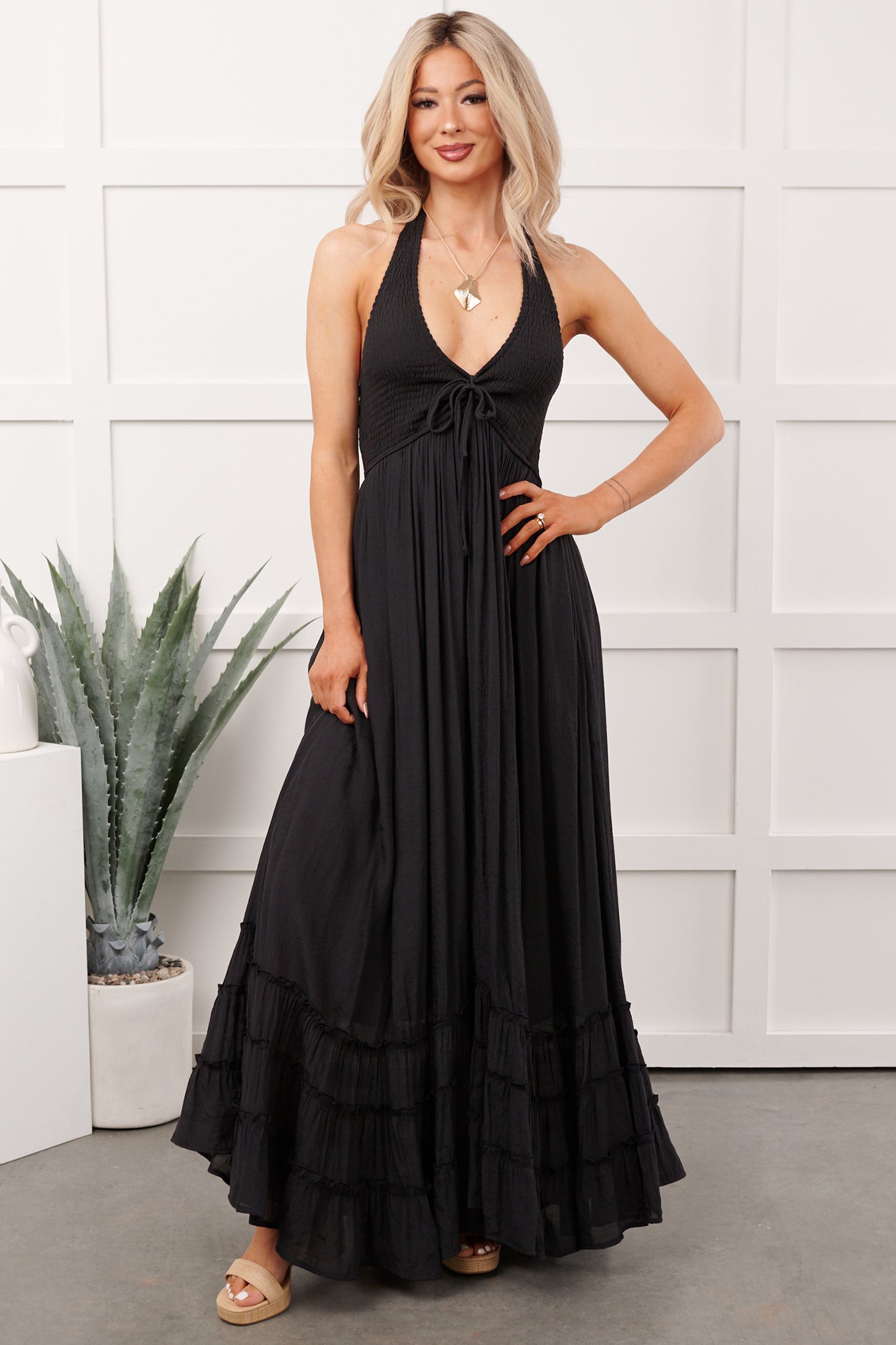 Hint Of Honey Halter Neck Maxi Dress (Black)