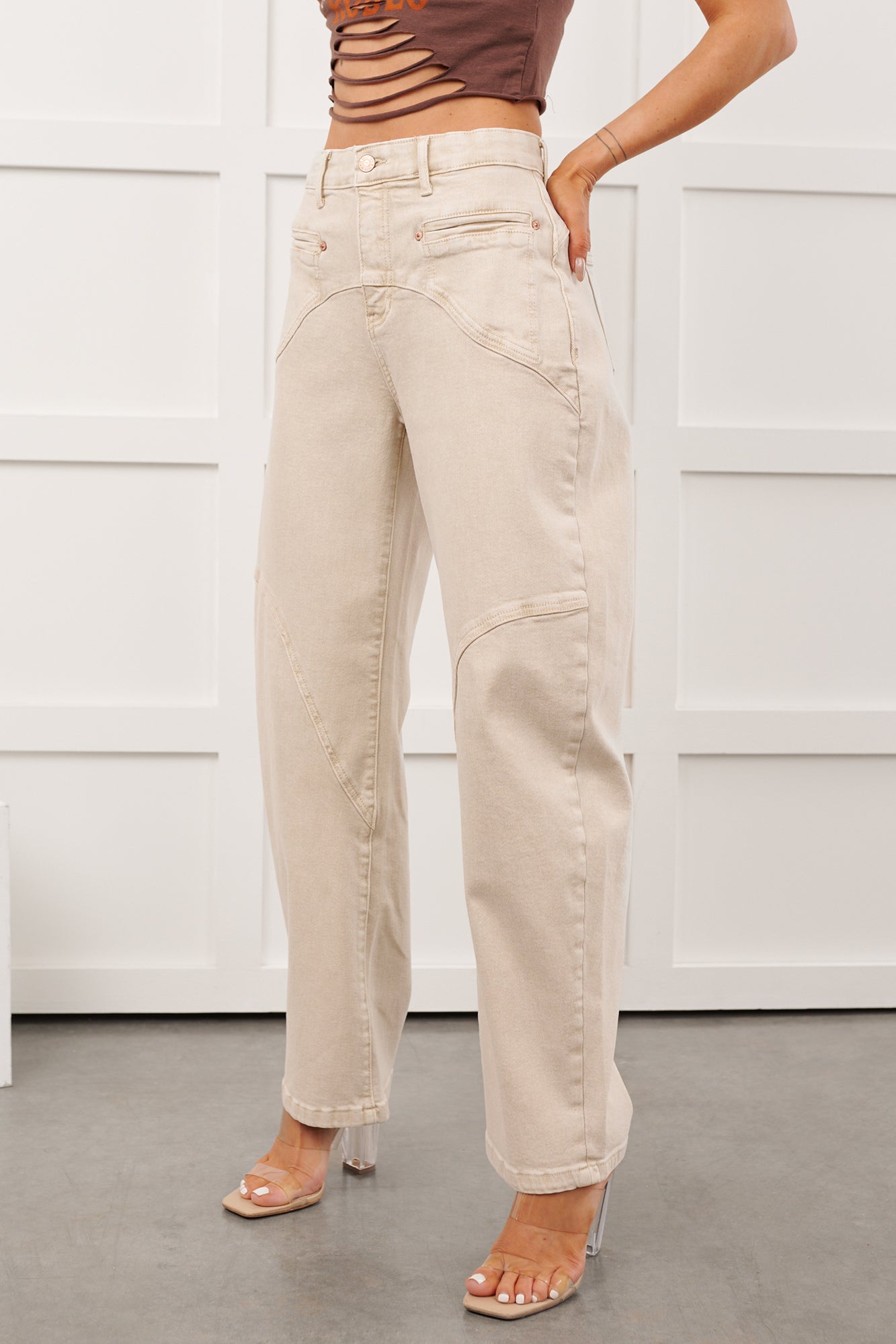 Jesper Western Saige Denim Barrel Jeans (Light Beige)