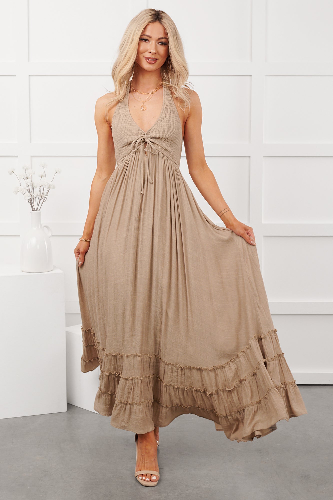 Hint Of Honey Halter Neck Maxi Dress (Taupe)