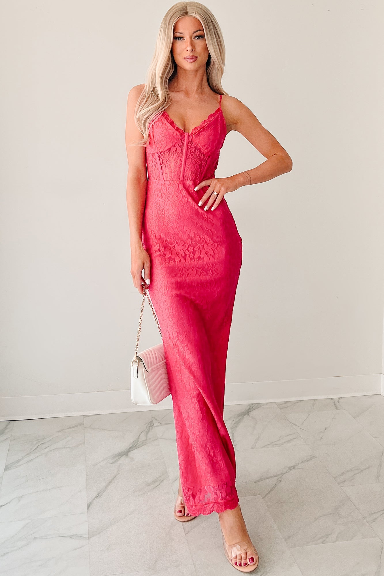 Glow Loudly Corset Sleeveless Lace Maxi Dress (Hot Pink)