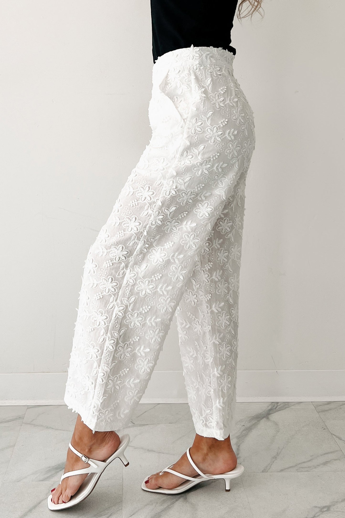 Rise & Shine Floral Embroidered Wide Leg Pants (White)