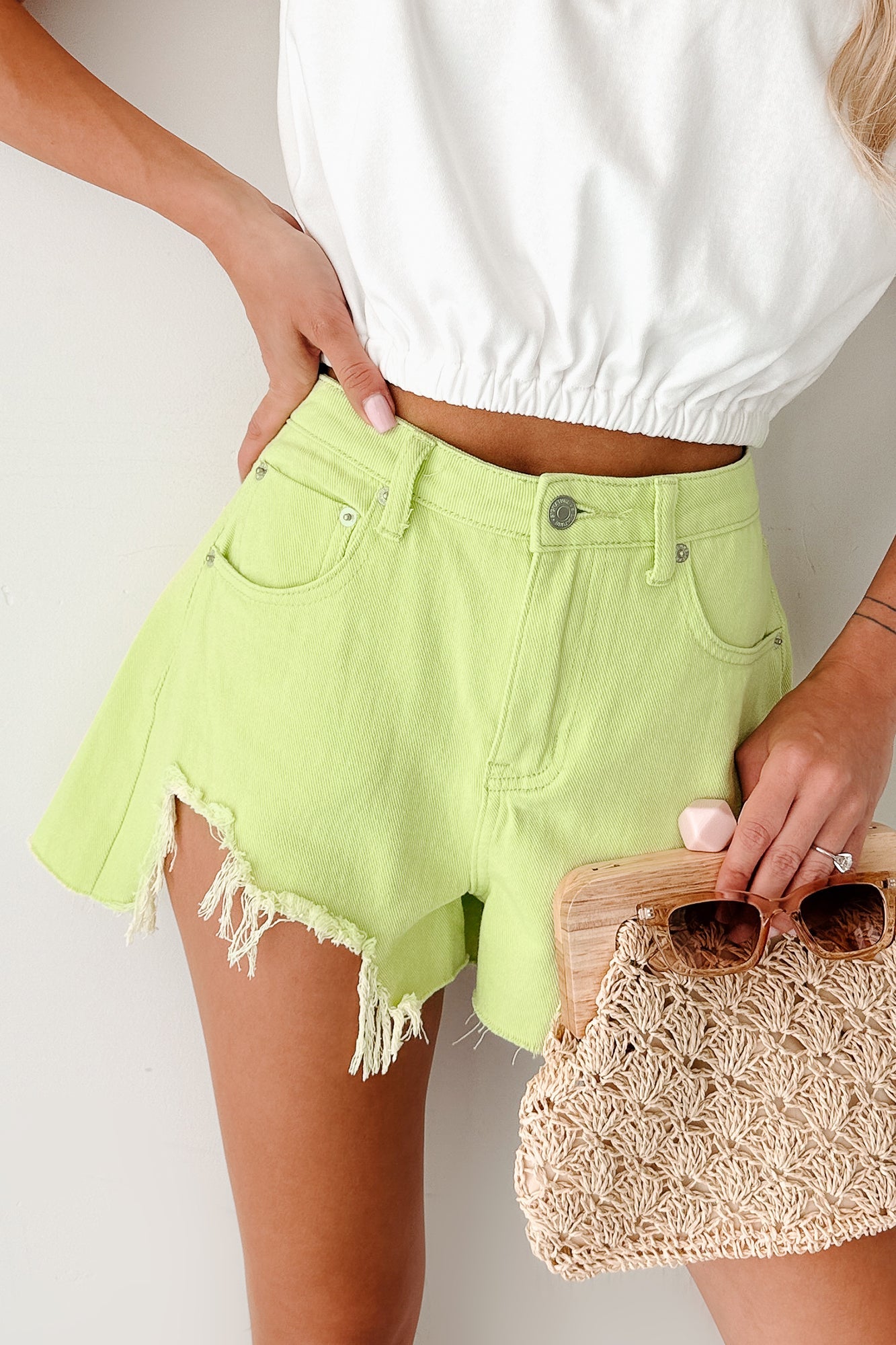 Jeanette High Rise Distressed Denim Shorts (Lime)