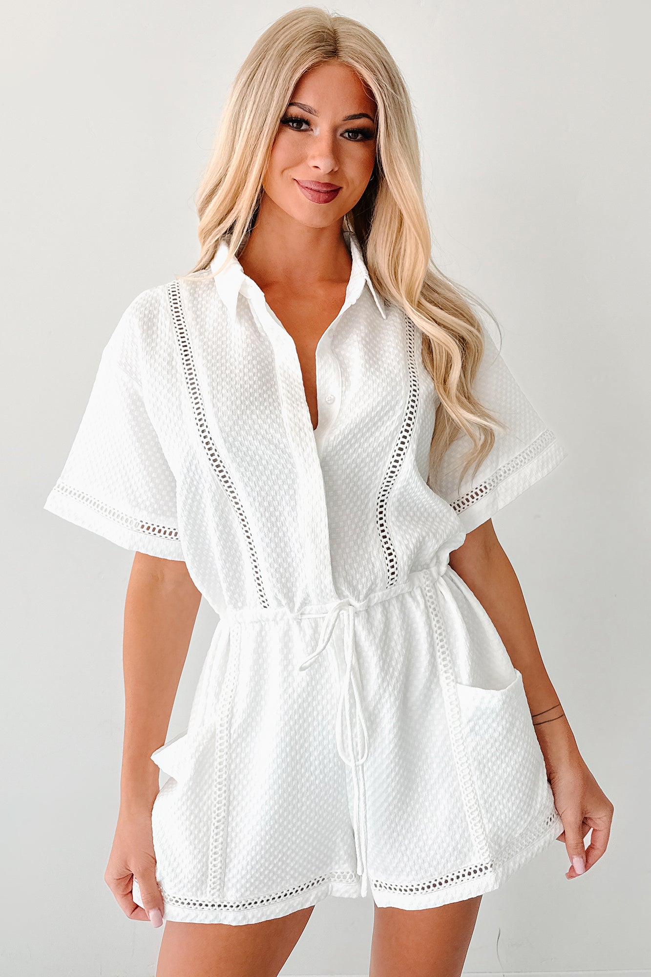 No Surprises Drawstring Waist Romper (White)
