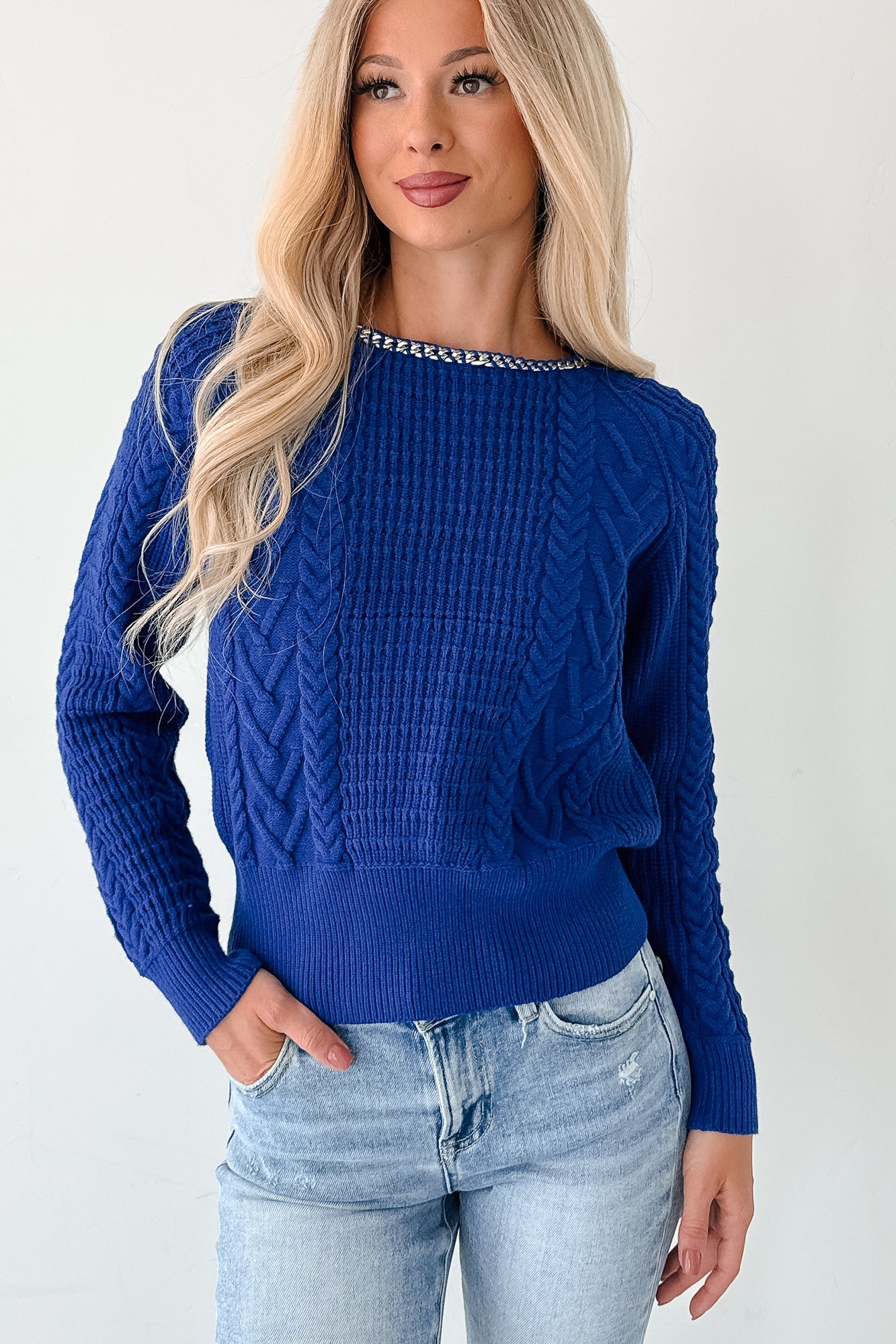Chill Goals Chain Detail Cable Knit Fore Sweater (Blue)