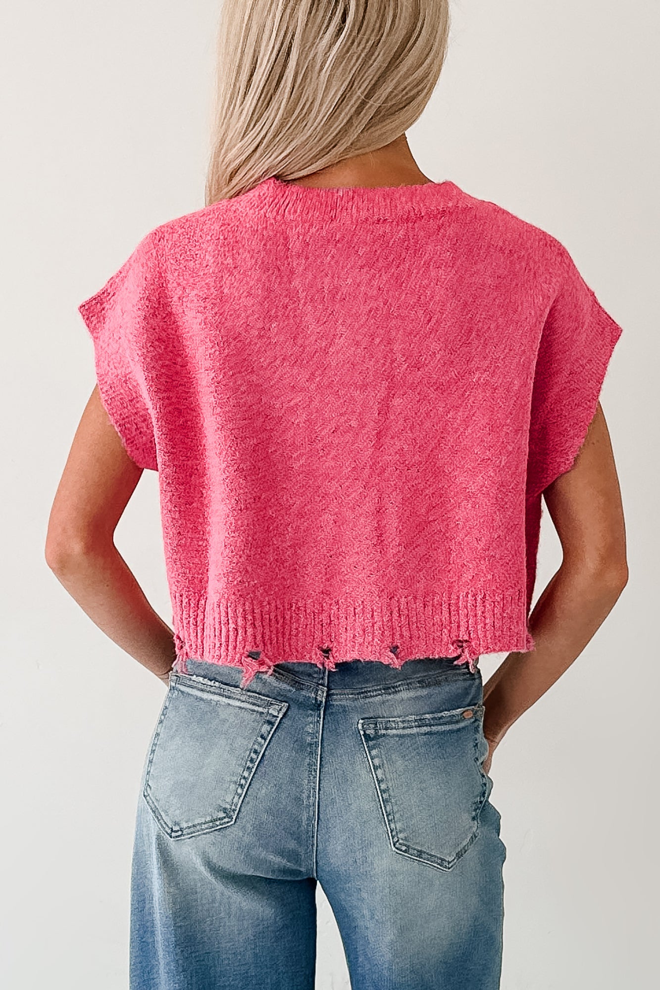 Undemanding Comfort Distressed Button-Up Sweater Vest (Pink)
